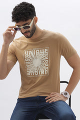 Color Hunt Men's Cotton Beige Half Sleeve Printed Regular Tshirt