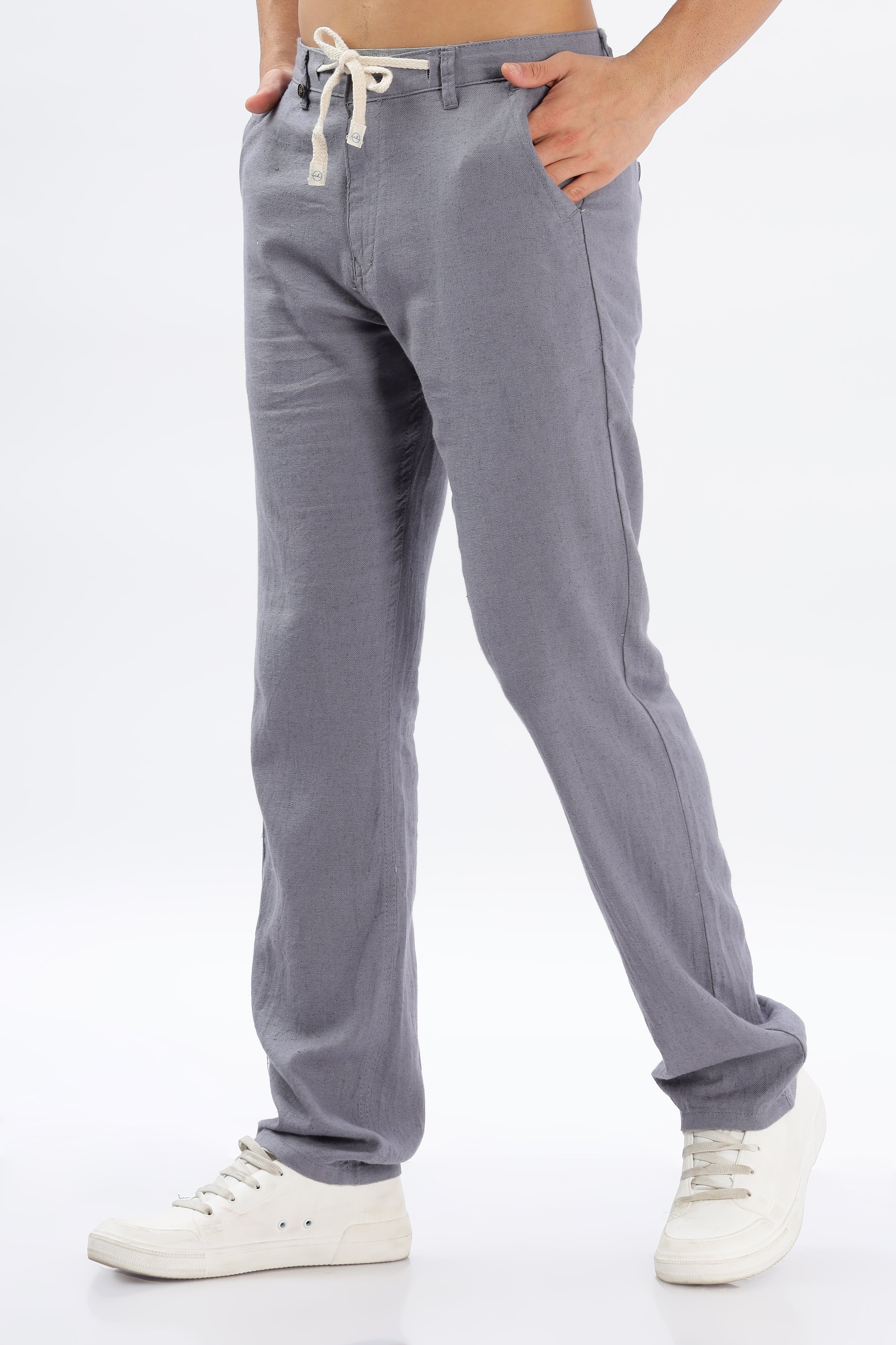 Color Hunt Men's Dark Grey Full Length Tappered Fit Linen Trouser