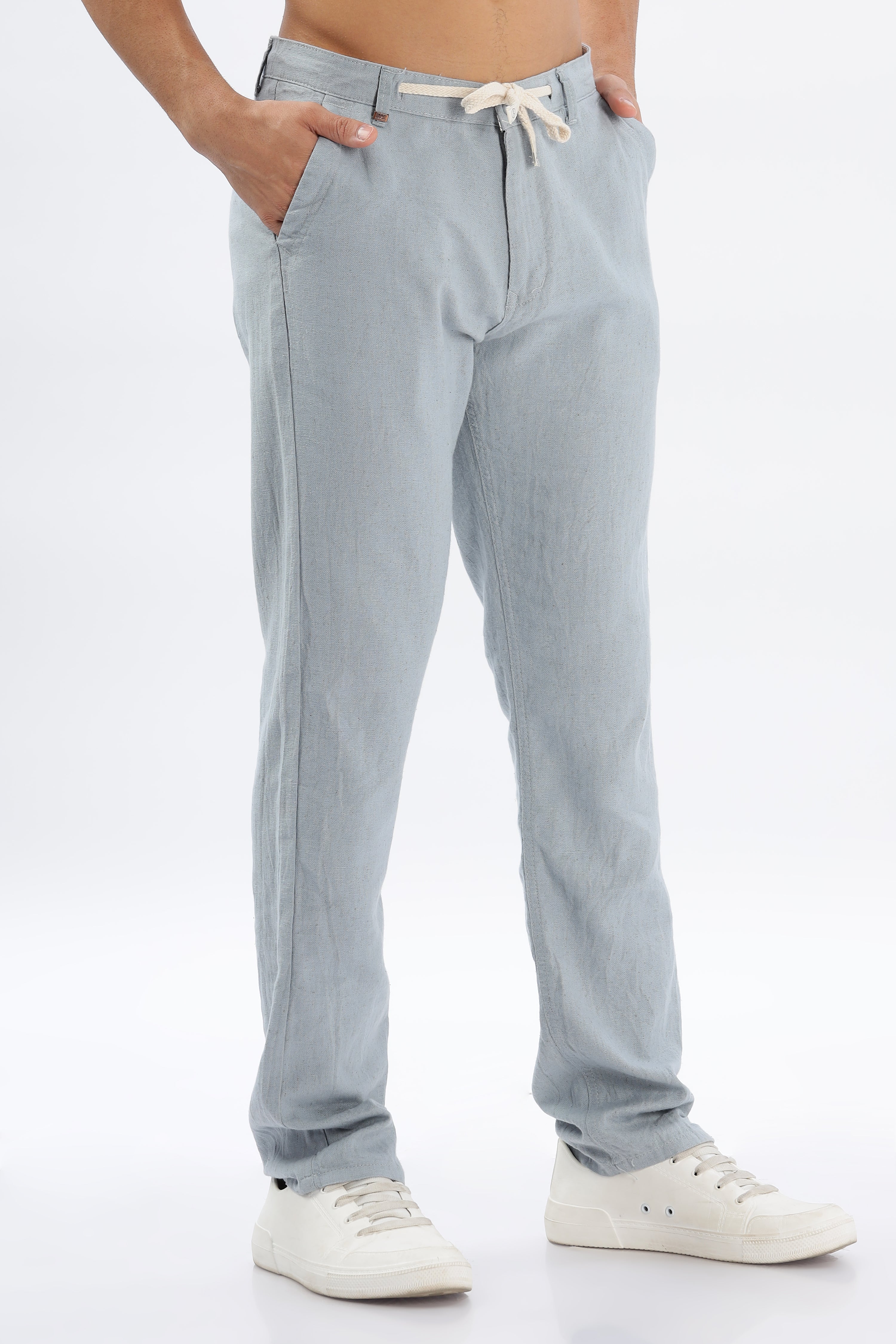 Color Hunt Men's Sky Blue Full Length Tappered Fit Linen Trouser