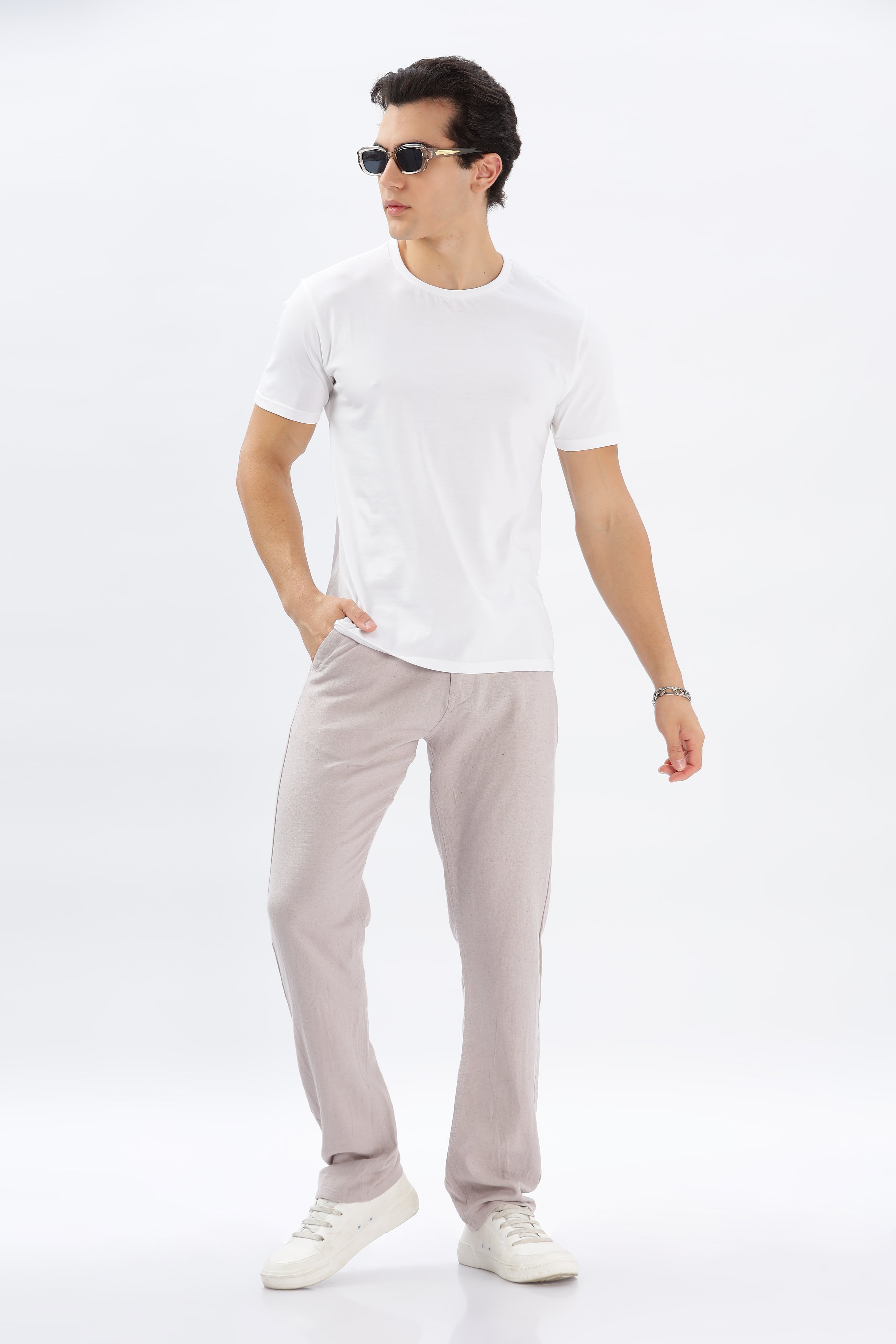 Color Hunt Men's Light Purple Full Length Tappered Fit Linen Trouser