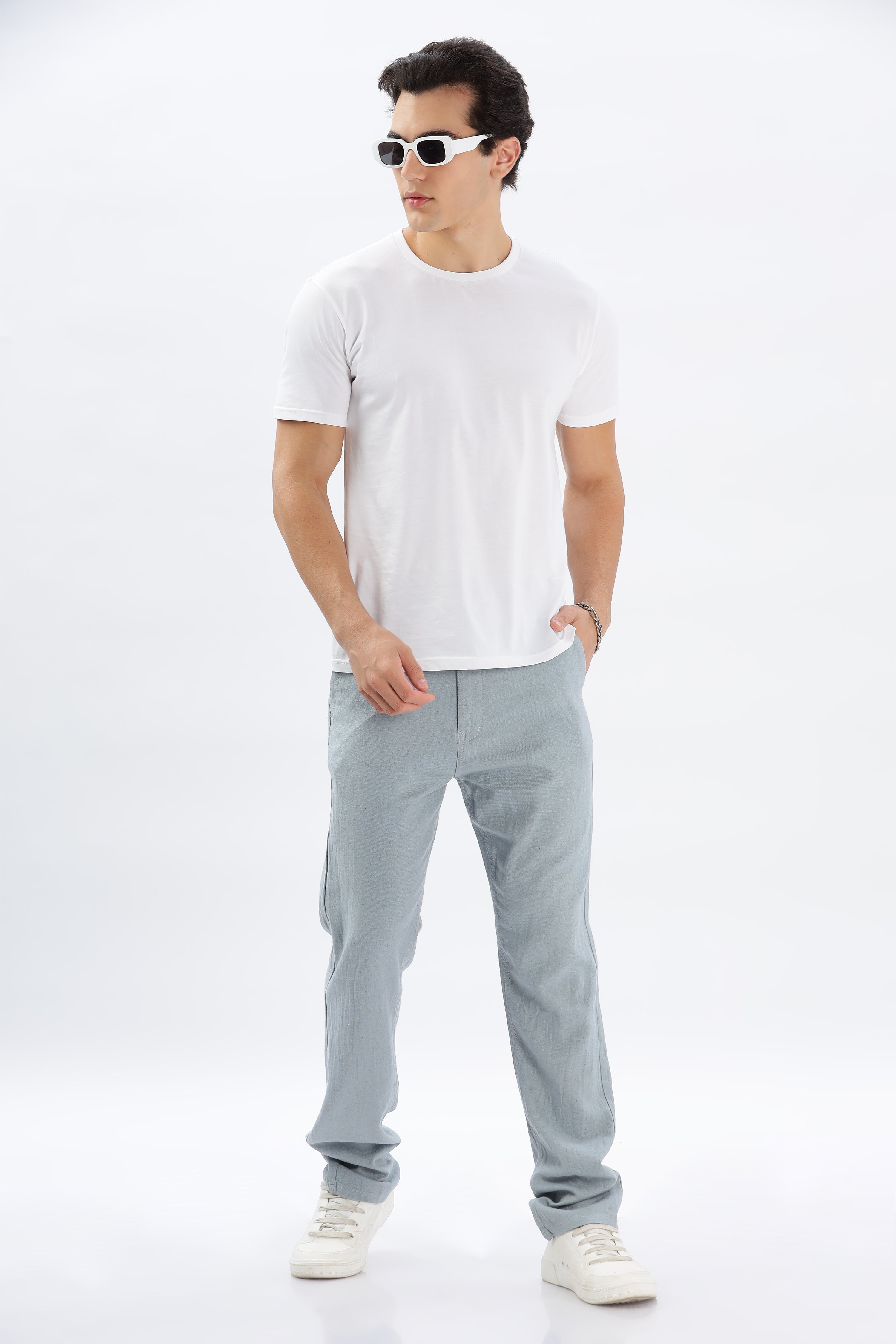 Color Hunt Men's Light Blue Full Length Tappered Fit Linen Trouser