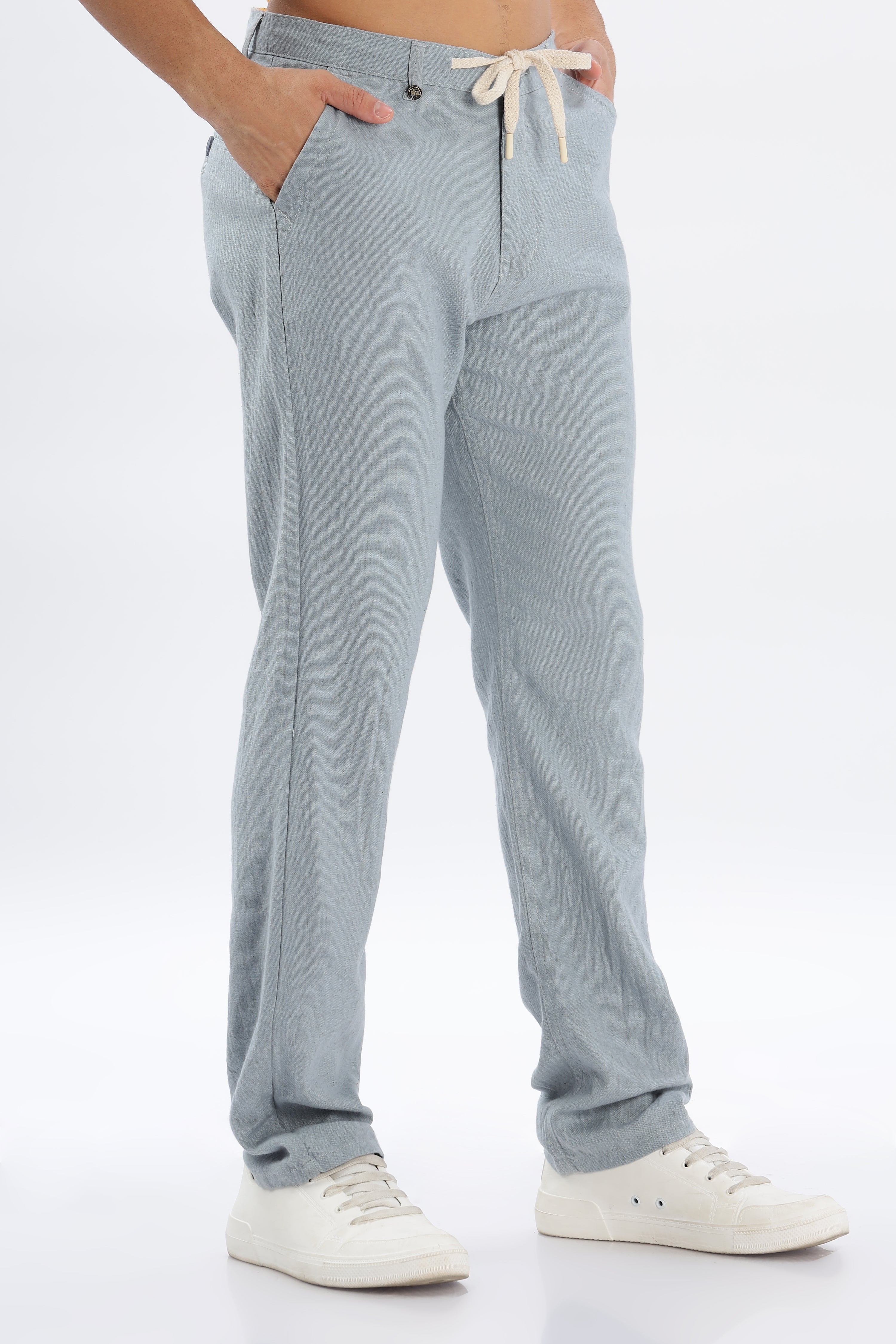 Color Hunt Men's Light Blue Full Length Tappered Fit Linen Trouser