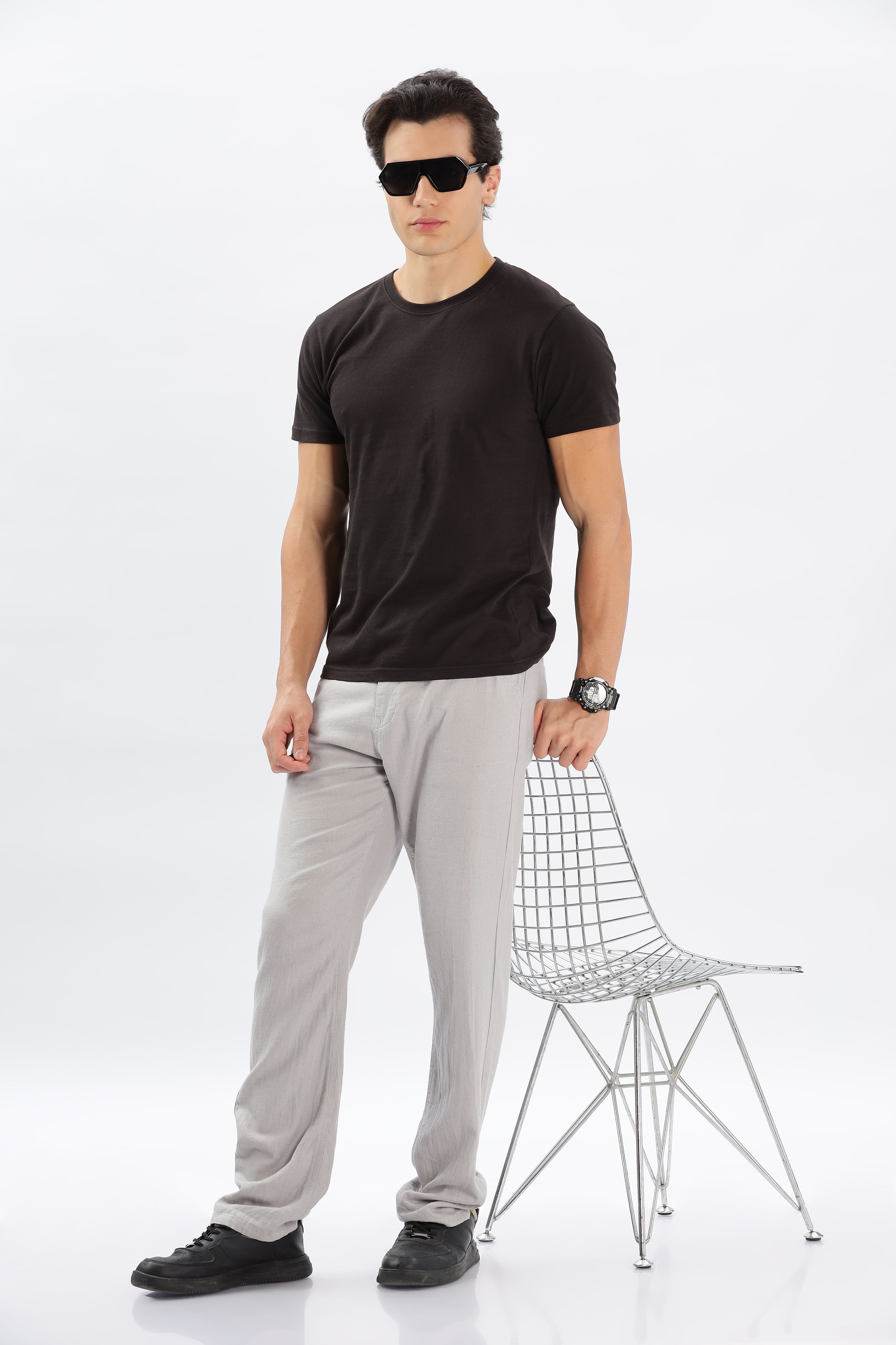 Color Hunt Men's Light Grey Full Length Tappered Fit Linen Trouser