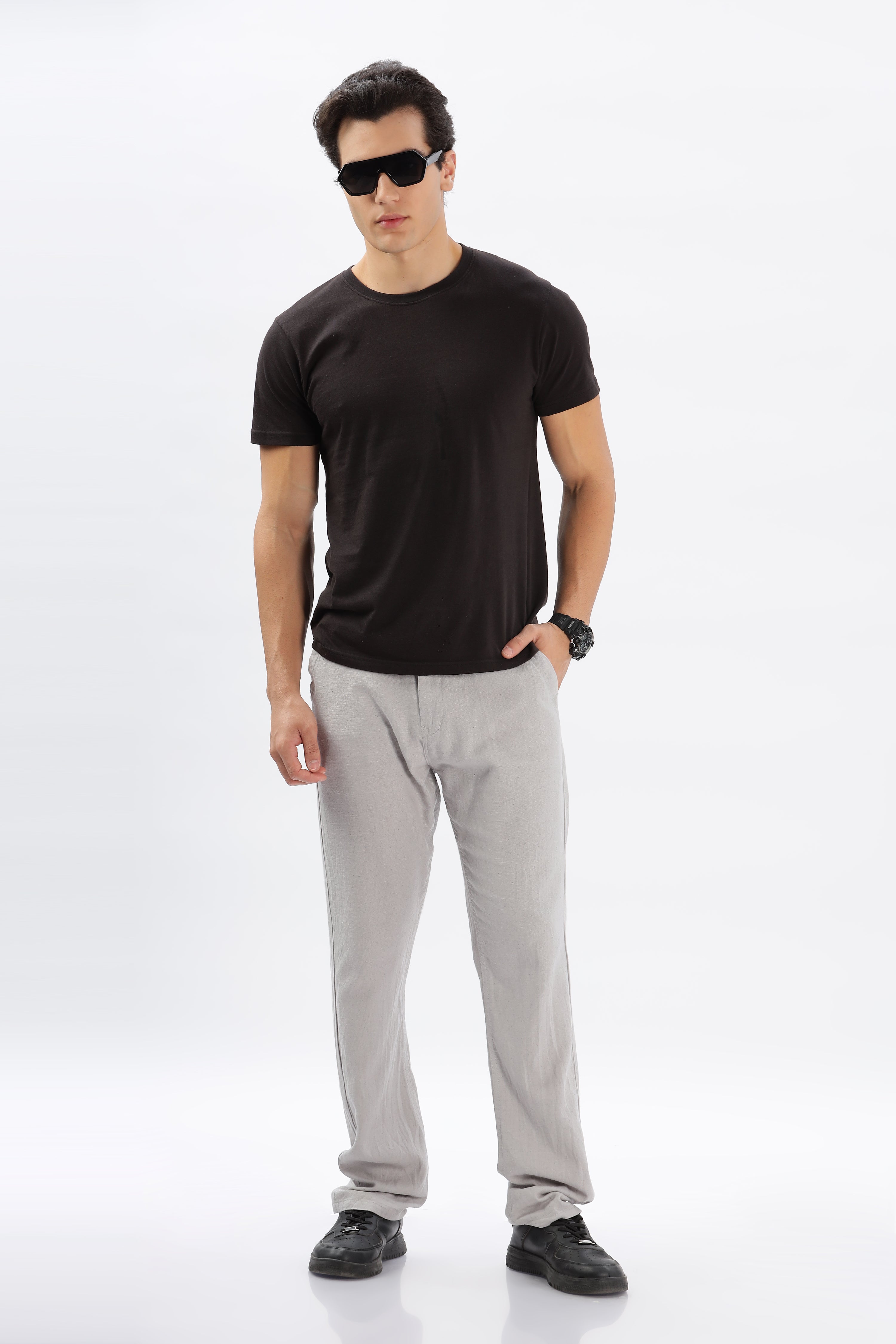 Color Hunt Men's Light Grey Full Length Tappered Fit Linen Trouser