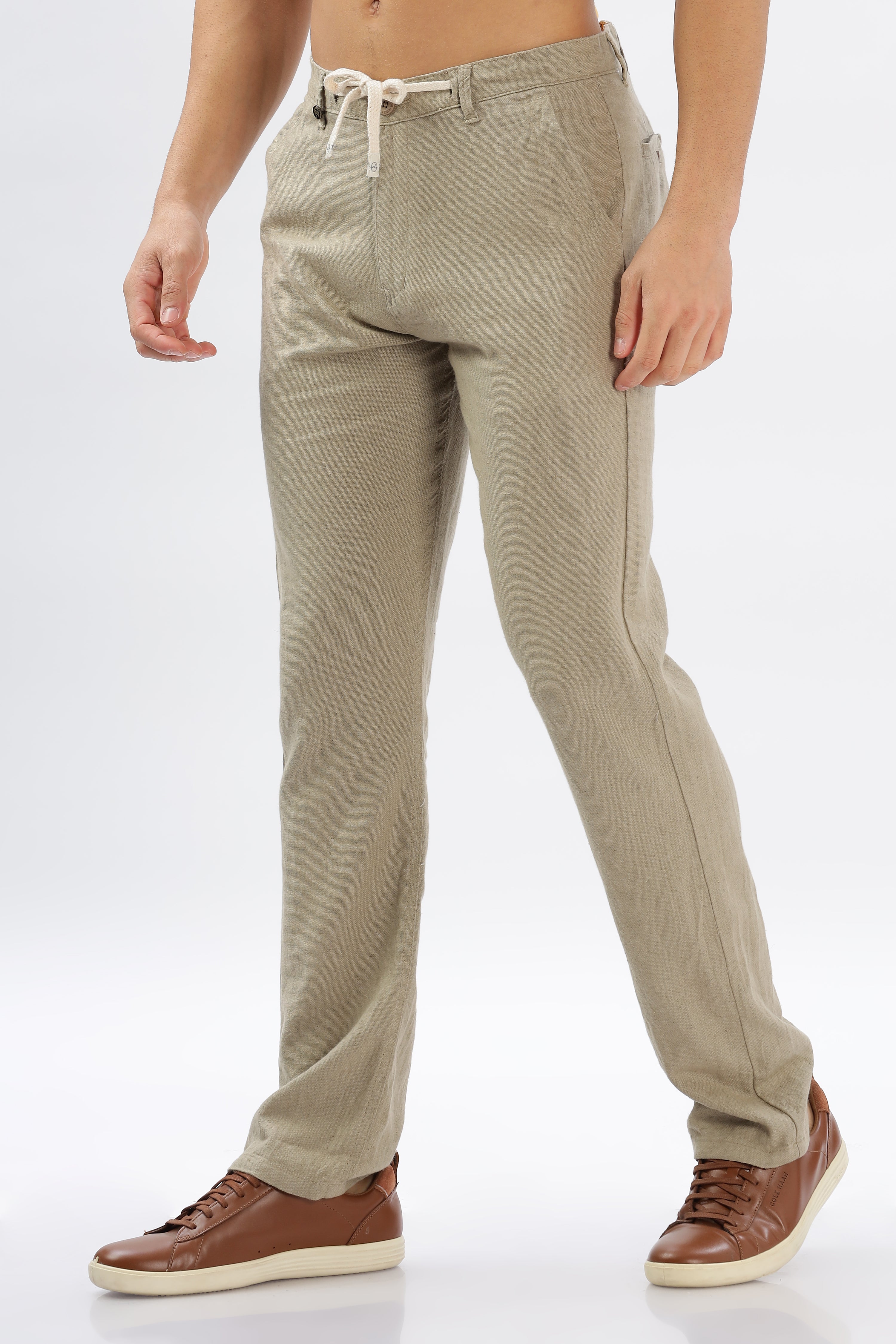 Color Hunt Men's Light Olive Full Length Tappered Fit Linen Trouser