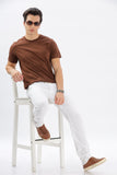 Color Hunt Men's White Full Length Tappered Fit Linen Trouser