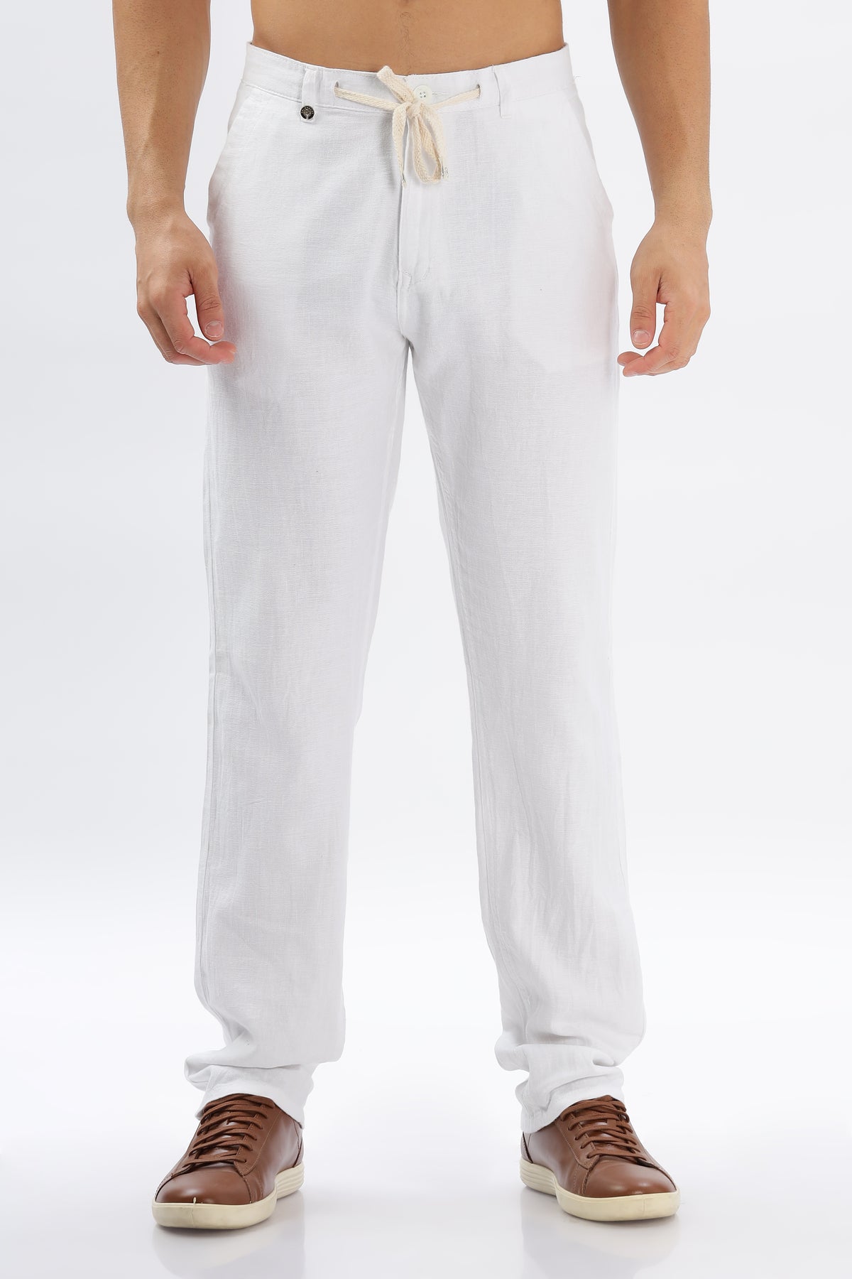 Color Hunt Men's White Full Length Tappered Fit Linen Trouser