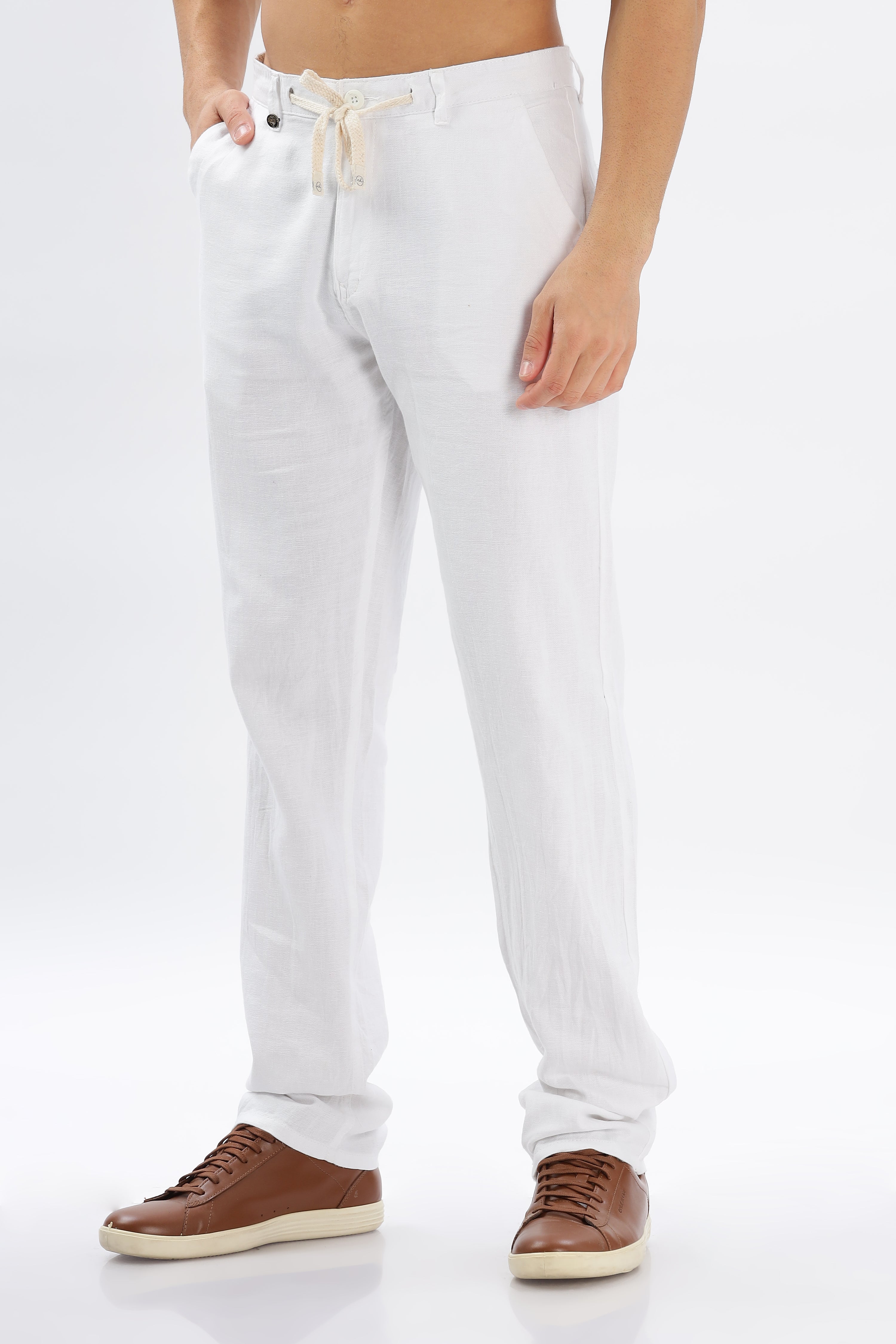 Color Hunt Men's White Full Length Tappered Fit Linen Trouser