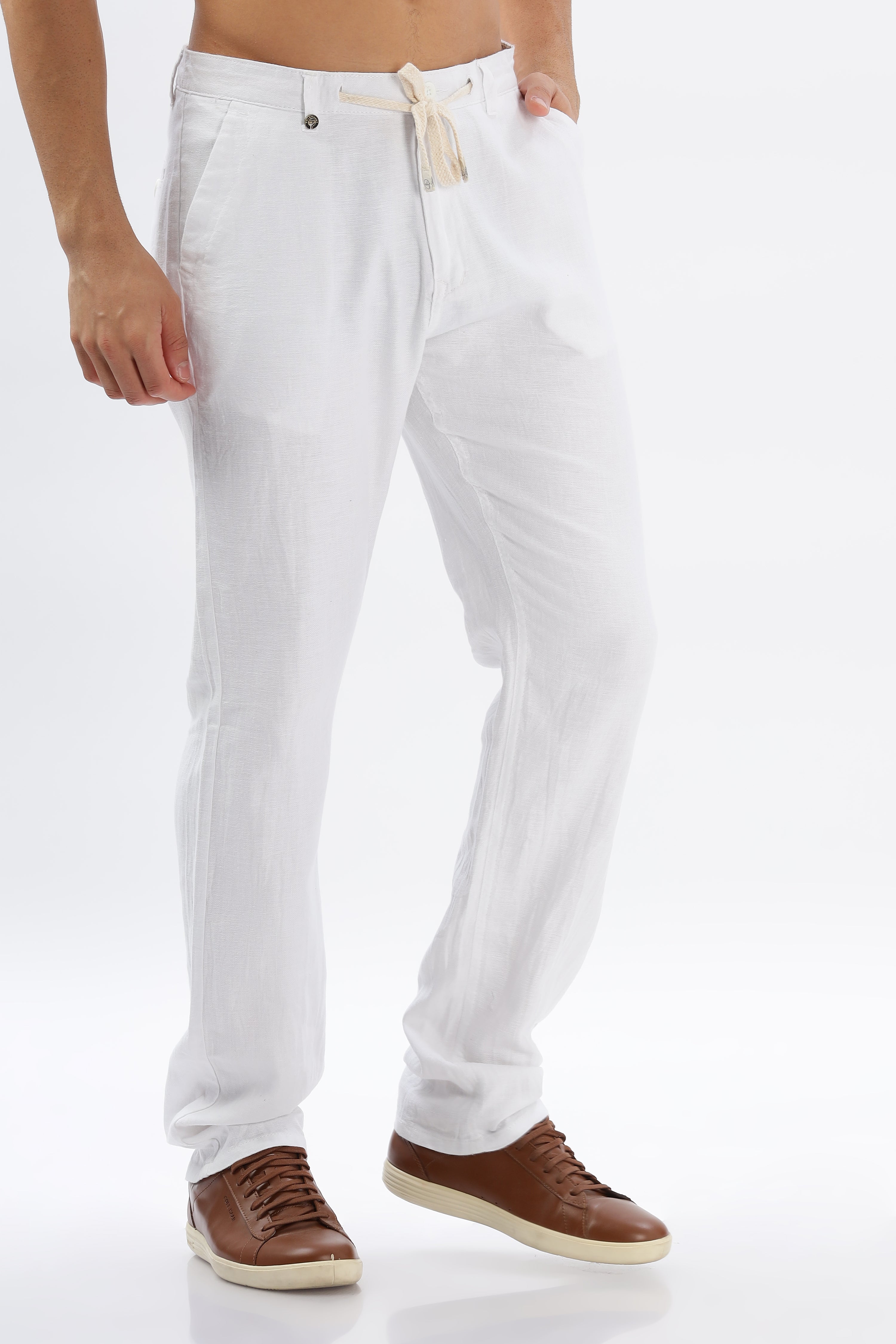 Color Hunt Men's White Full Length Tappered Fit Linen Trouser