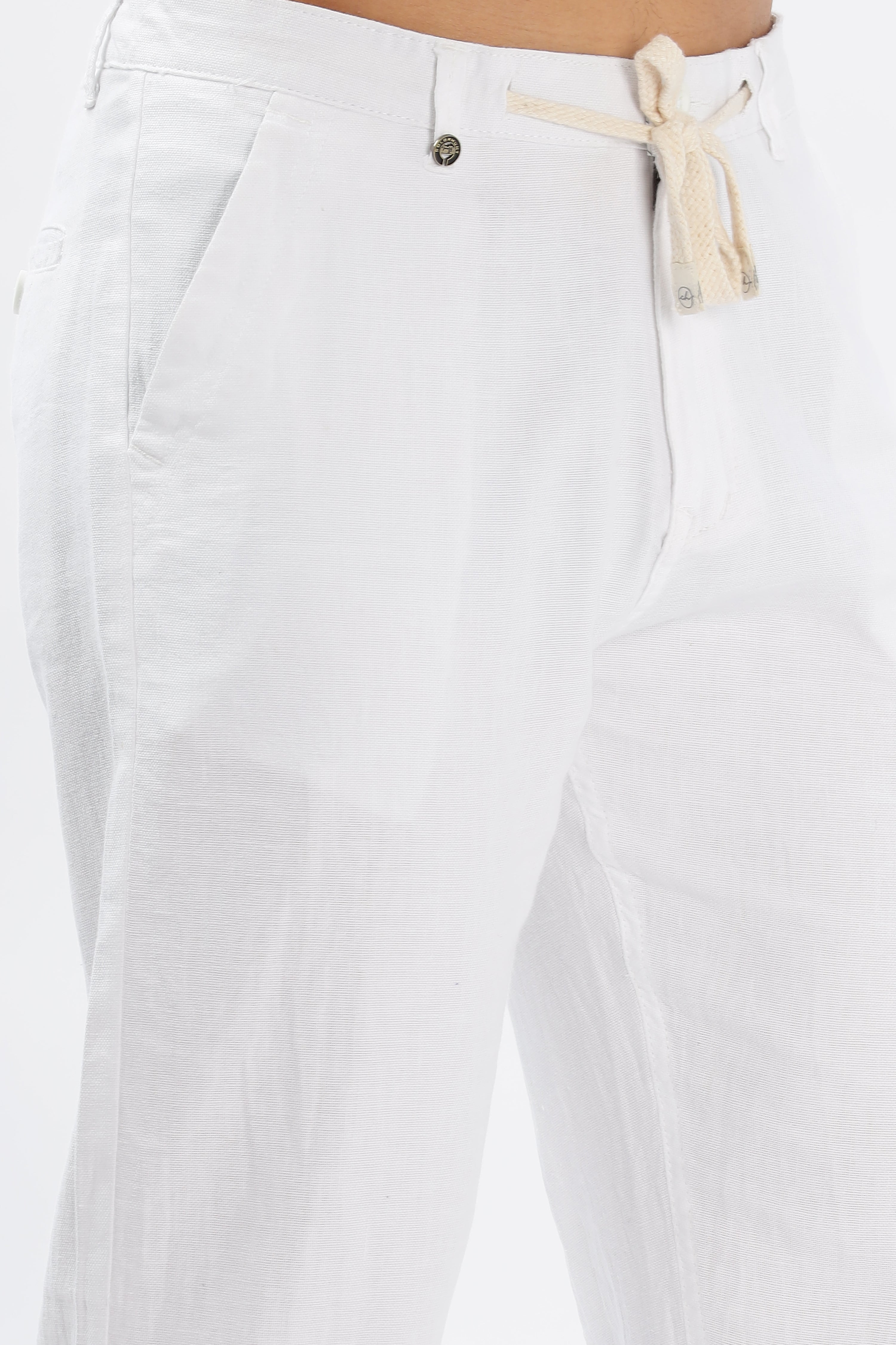 Color Hunt Men's White Full Length Tappered Fit Linen Trouser