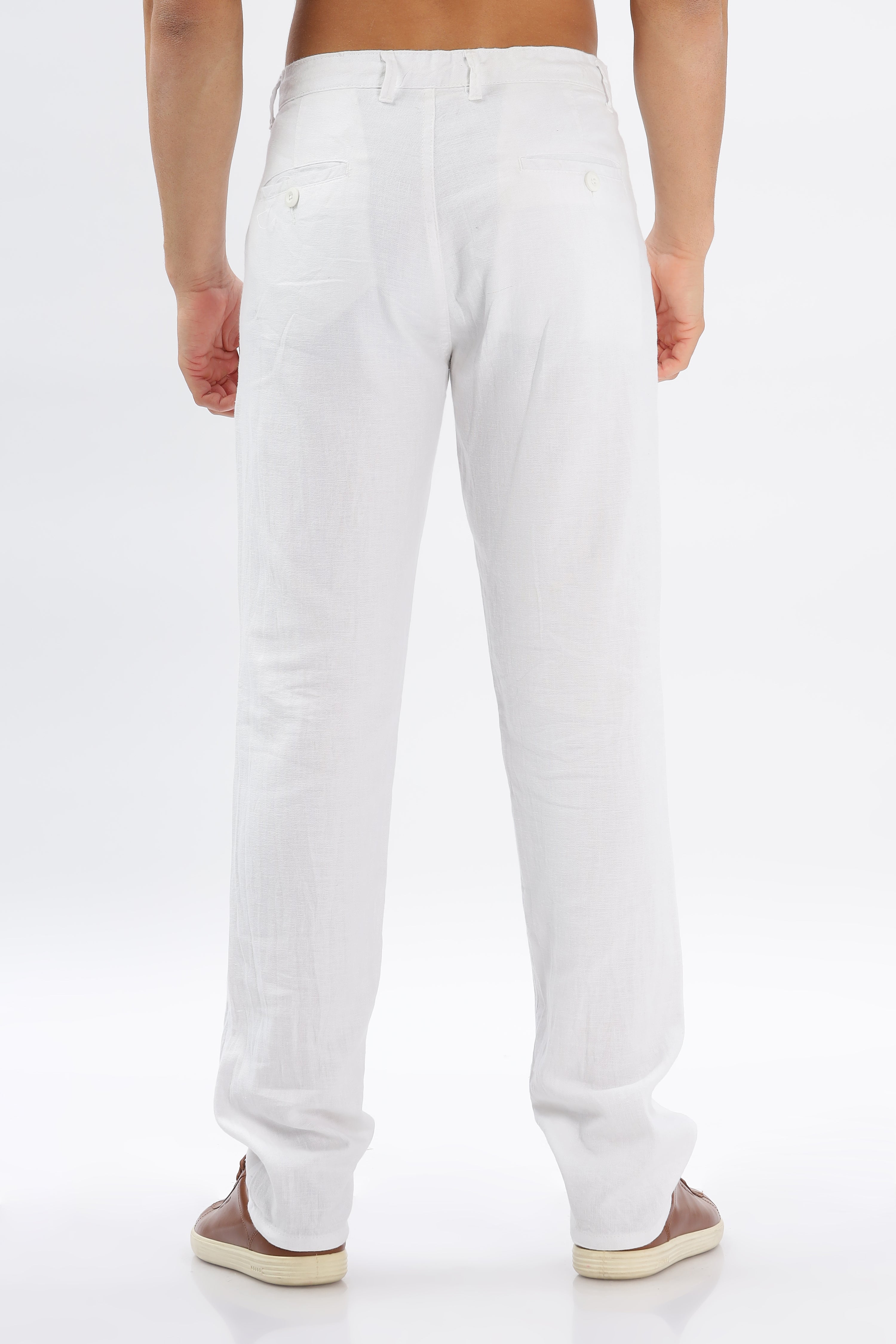 Color Hunt Men's White Full Length Tappered Fit Linen Trouser