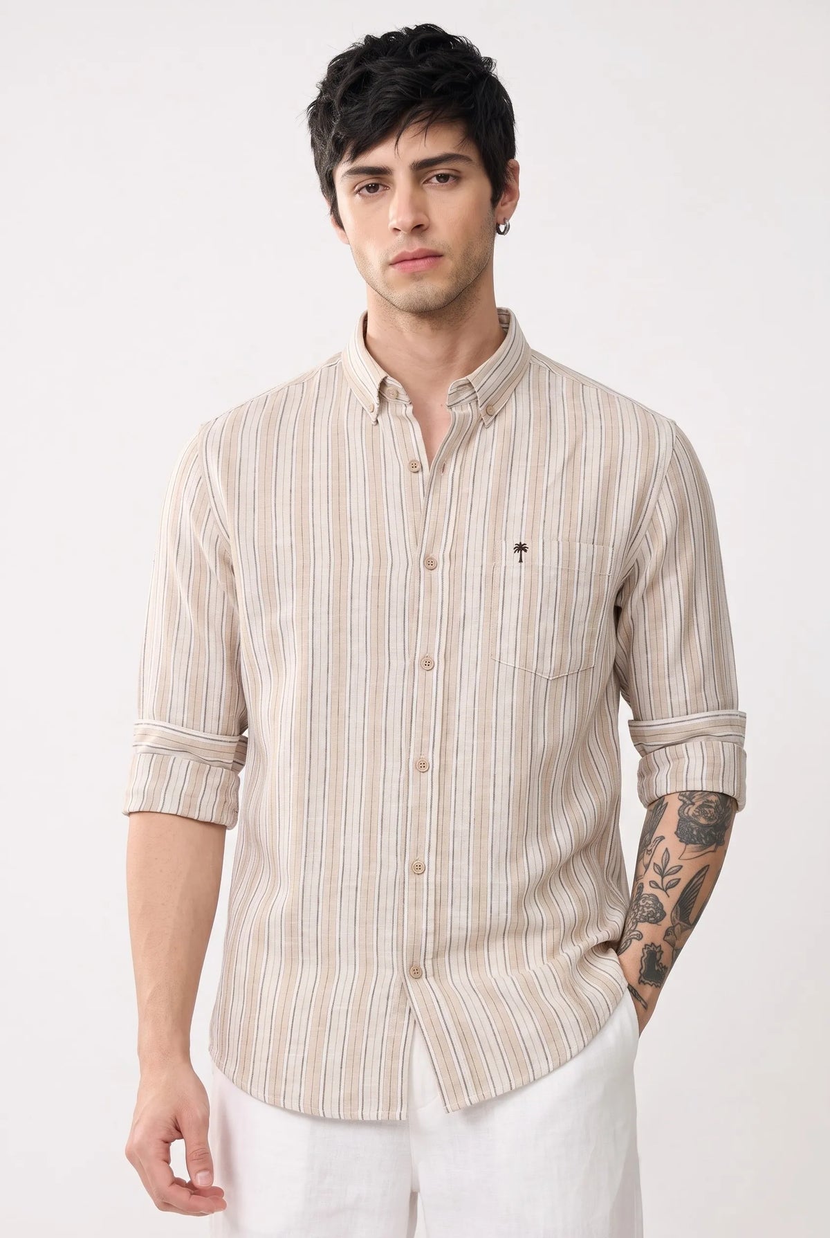 COLOR HUNT Men's Cream & Beige Vertical Stripe Shirt | Regular Fit Casual Wear
