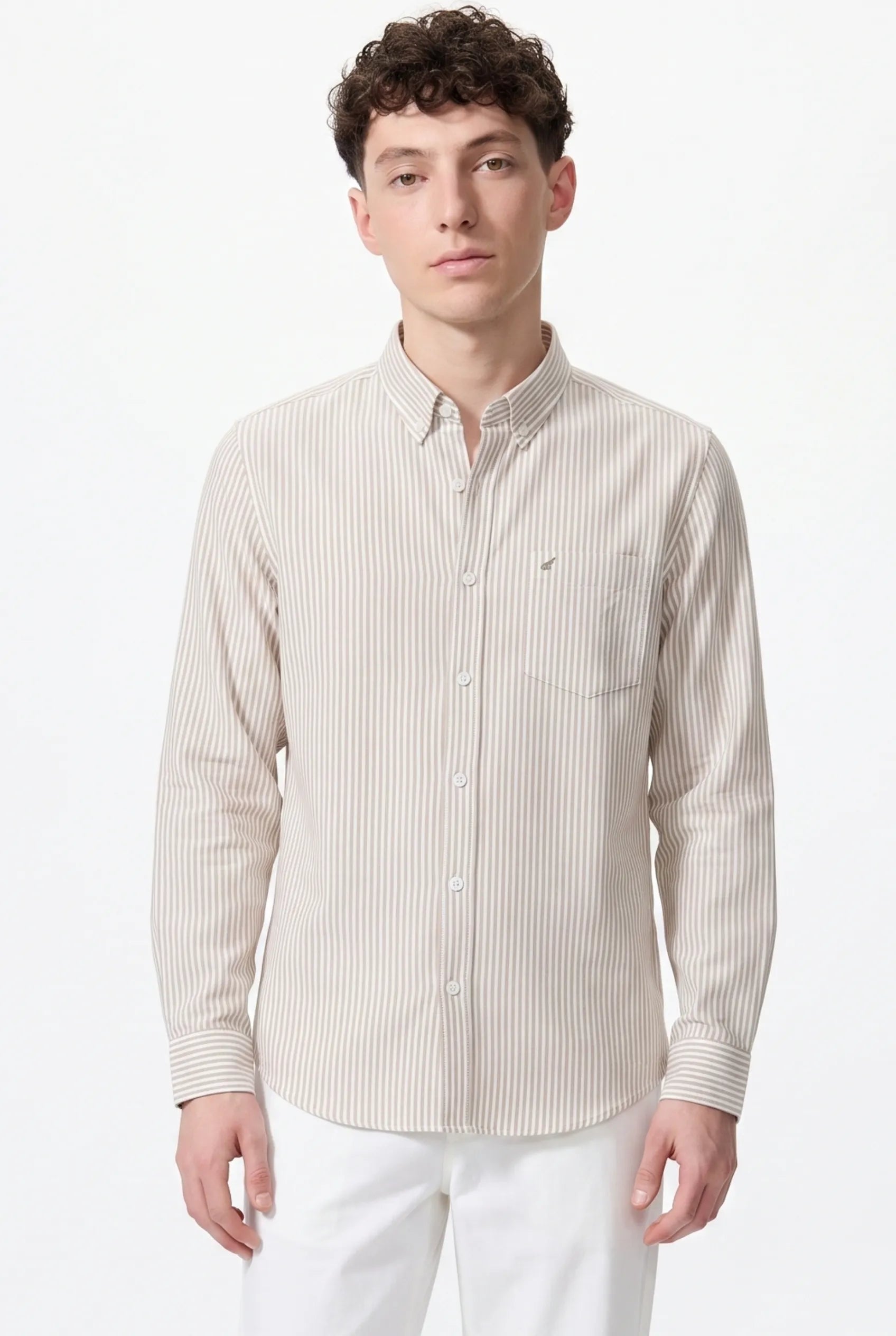 COLOR HUNT Men's Beige Vertical Stripe Casual Shirt | Full Sleeve Regular Fit