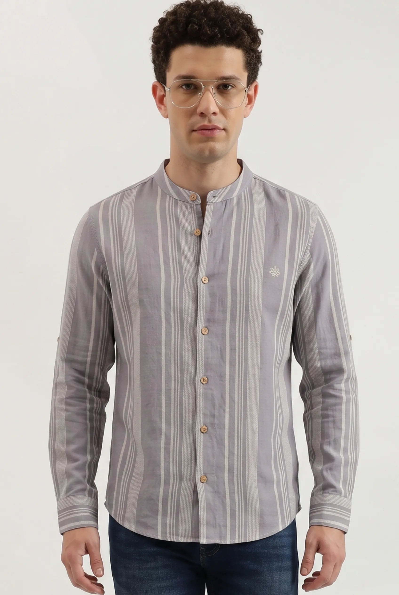 COLOR HUNT Men's Ash Grey Vertical Stripe Shirt | Full Sleeve Mandarin Collor