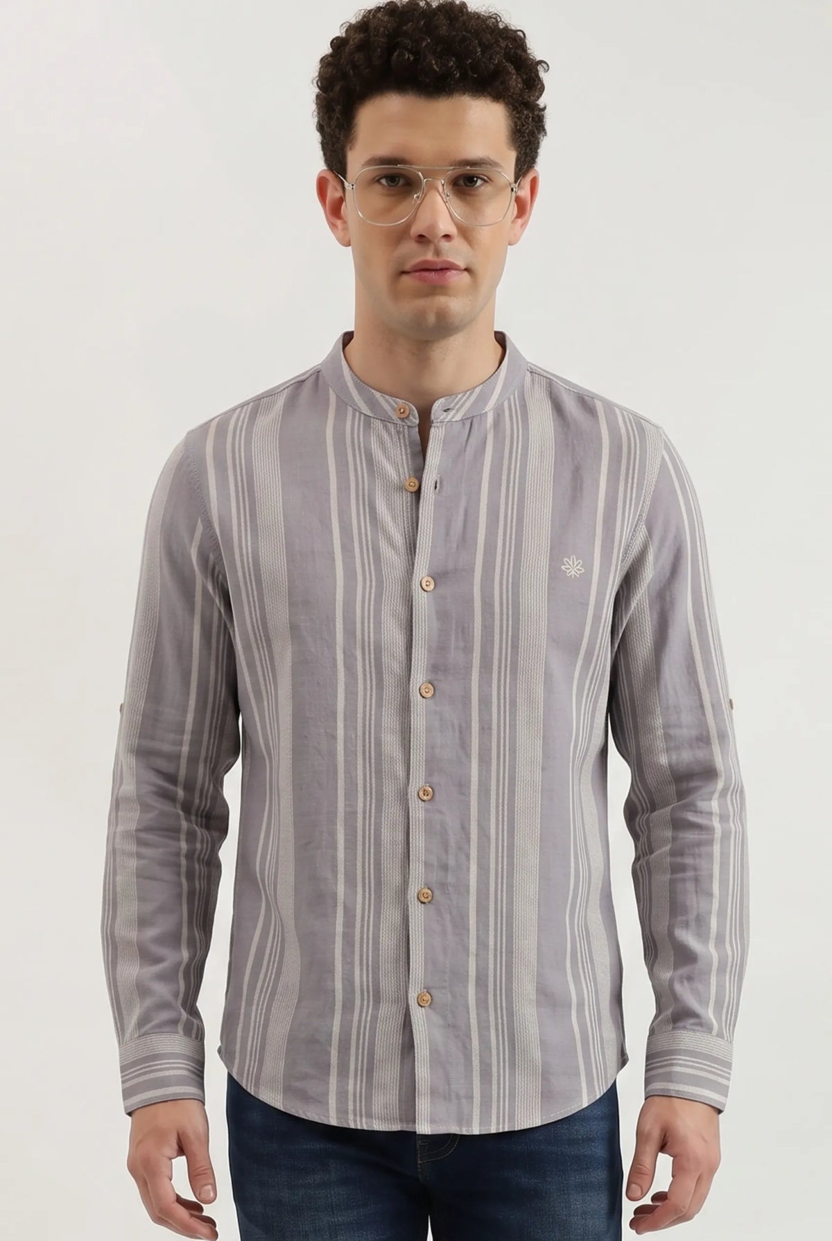 COLOR HUNT Men's Ash Grey Vertical Stripe Shirt | Full Sleeve Mandarin Collor
