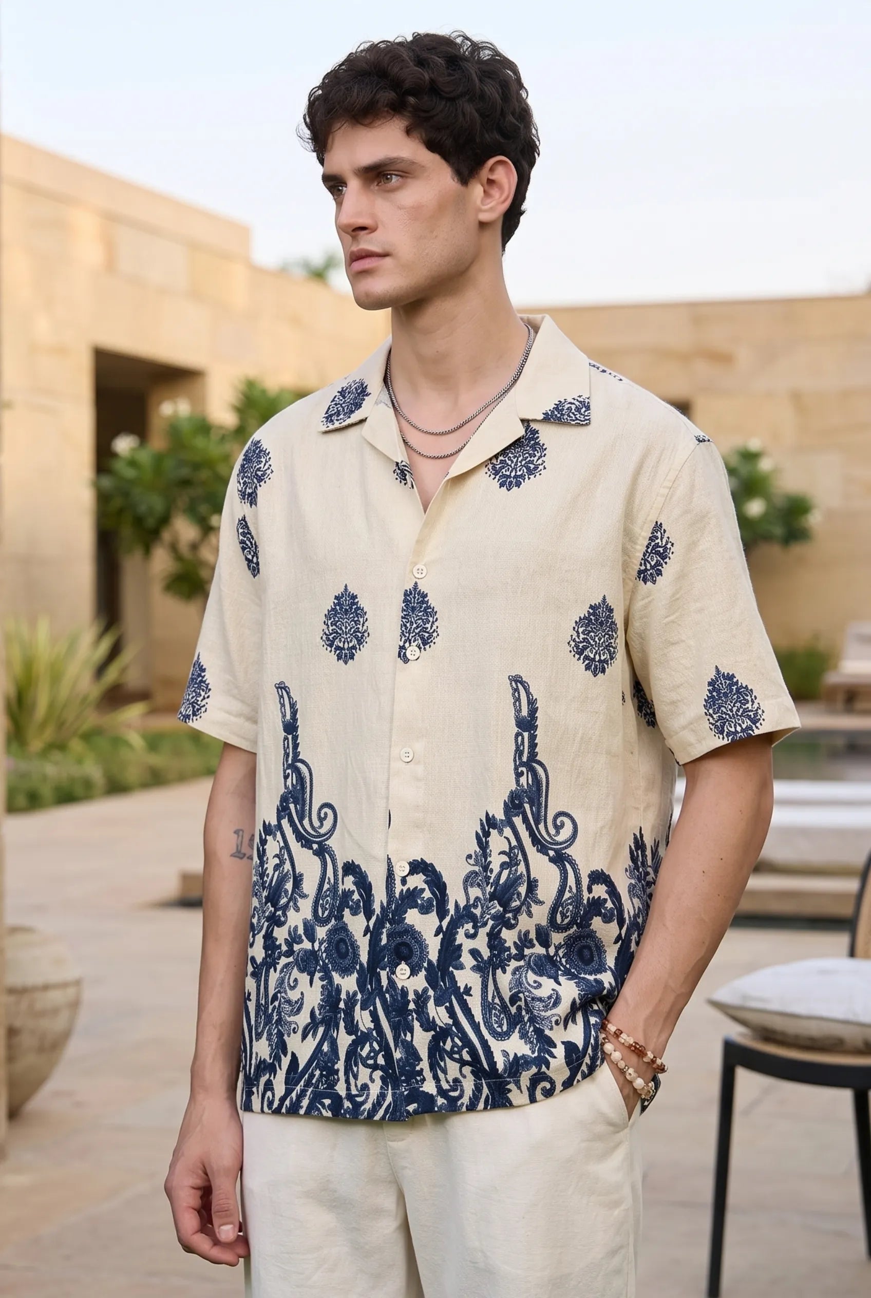 Color Hunt Men's Off White Navy Blue Printed Casual Half Sleeve Shirt