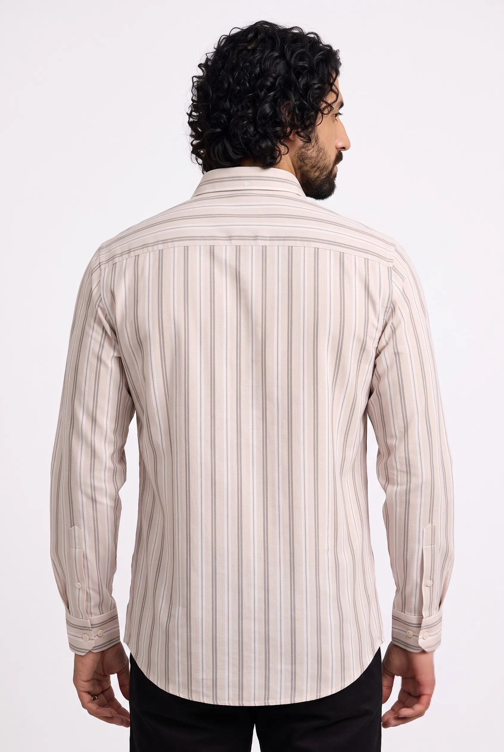 COLOR HUNT Men's Premium Beige Striped Casual Shirt | Full Sleeve Regular Fit