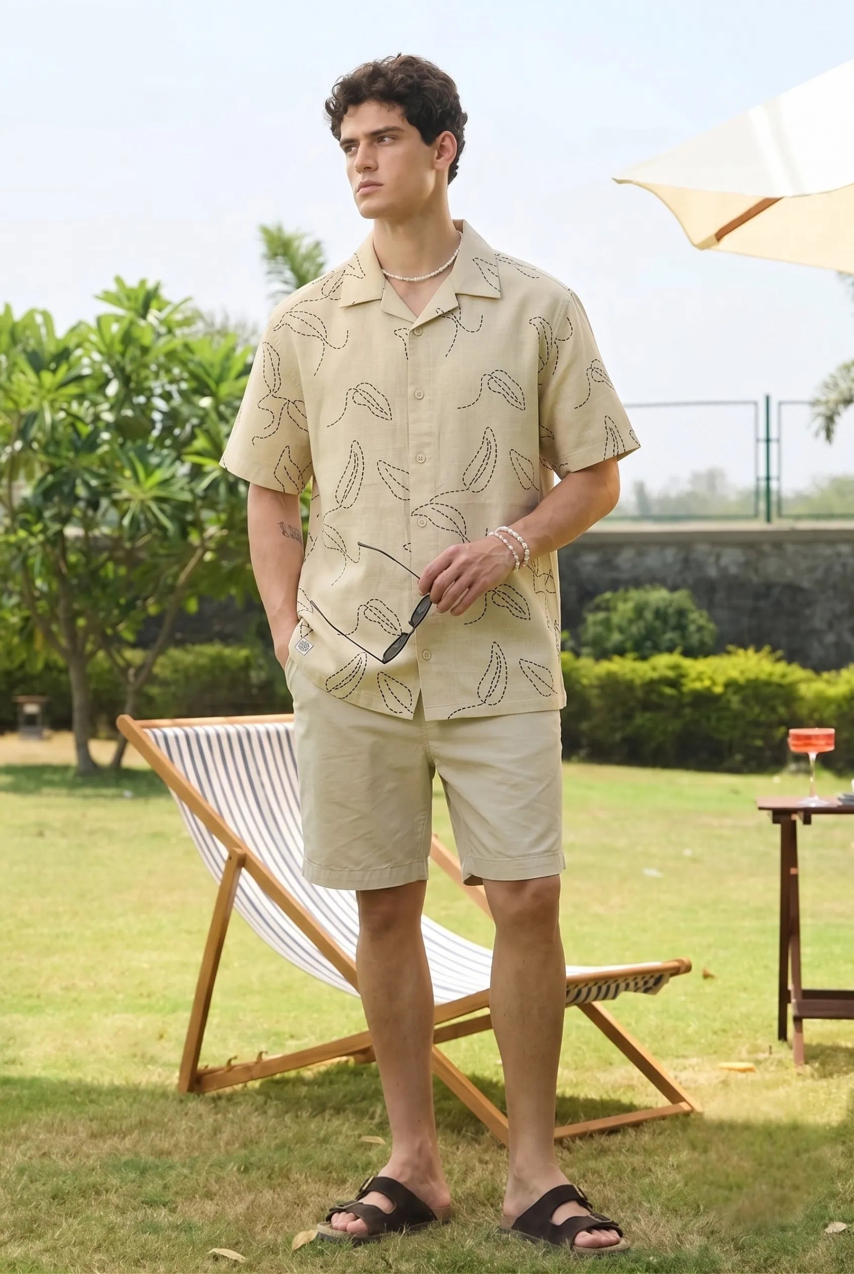 Color Hunt Men's Sand Beige Printed Casual Half Sleeve Shirt
