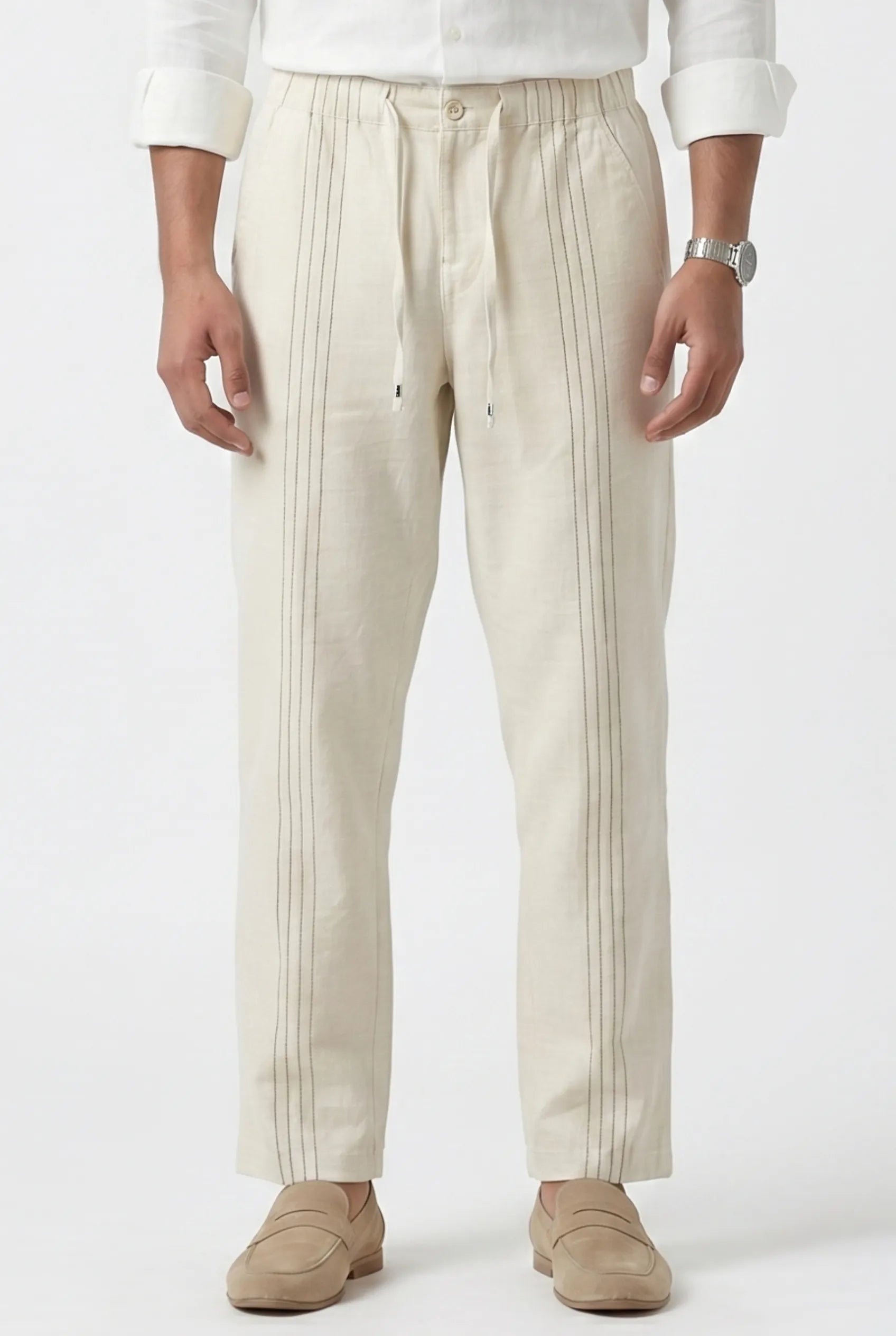 Color Hunt Men's Light Cream Pintuck Casual Trousers