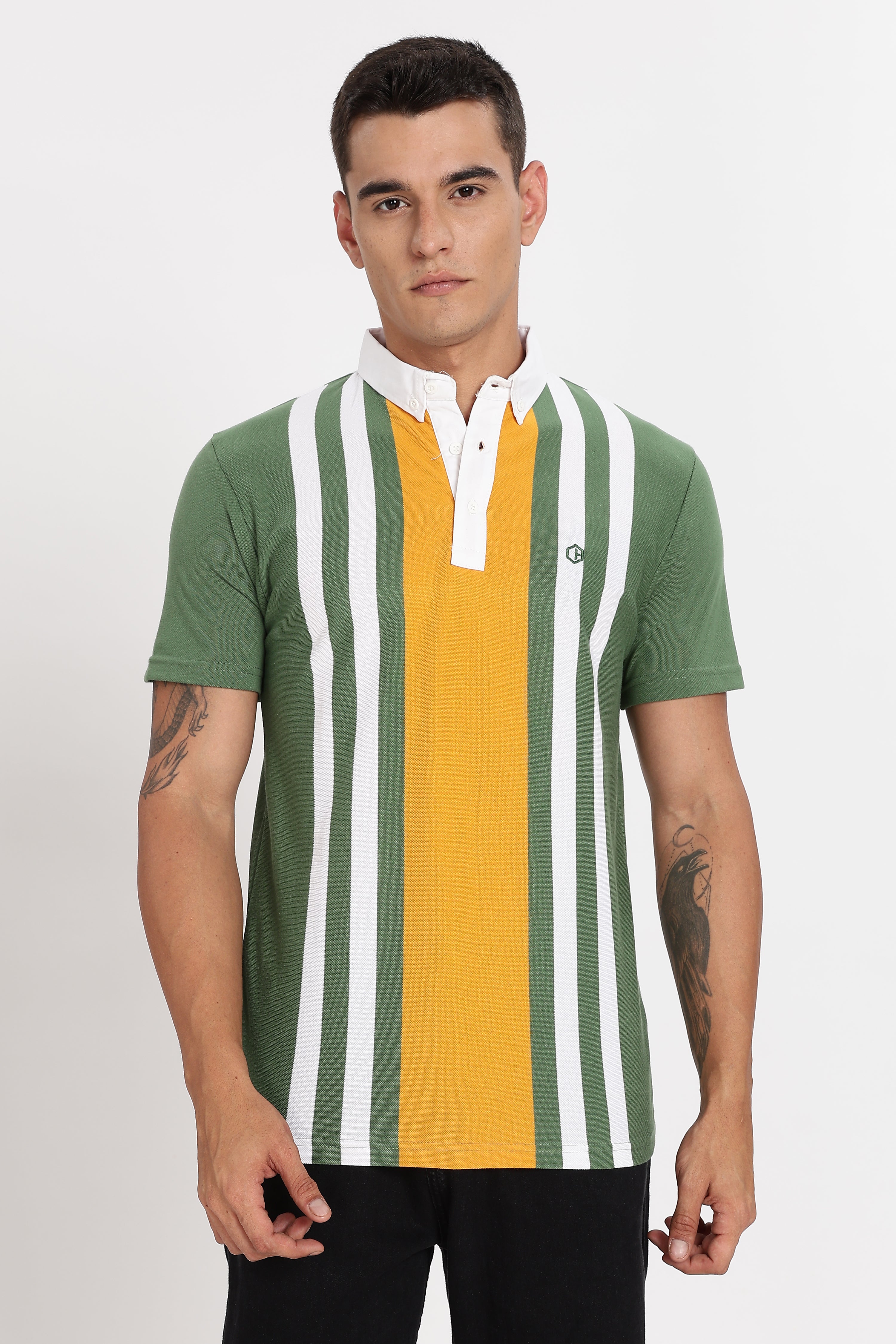 Color Hunt Men's Orange Striped Slim Fit Polo T-Shirt