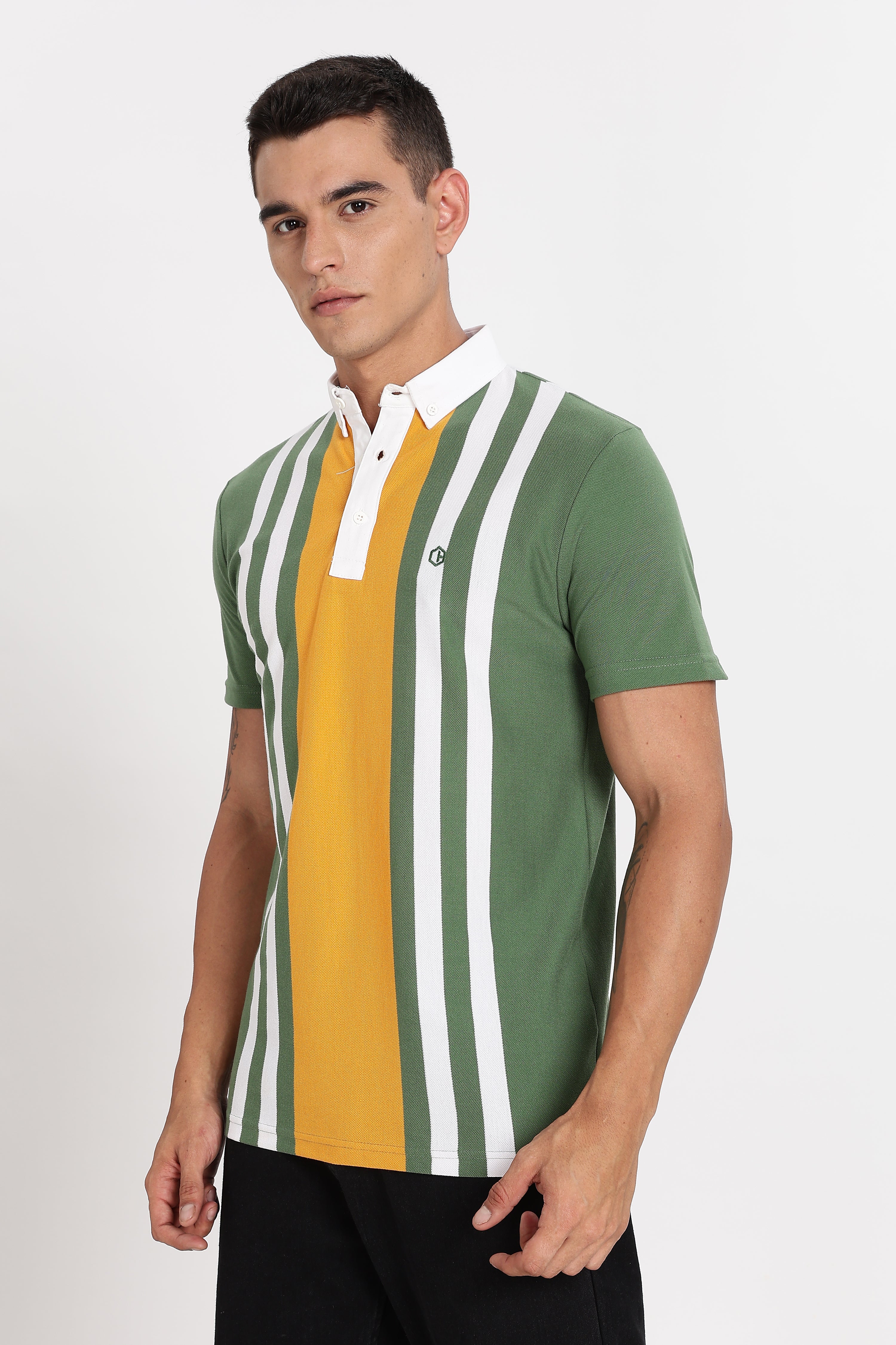 Color Hunt Men's Orange Striped Slim Fit Polo T-Shirt