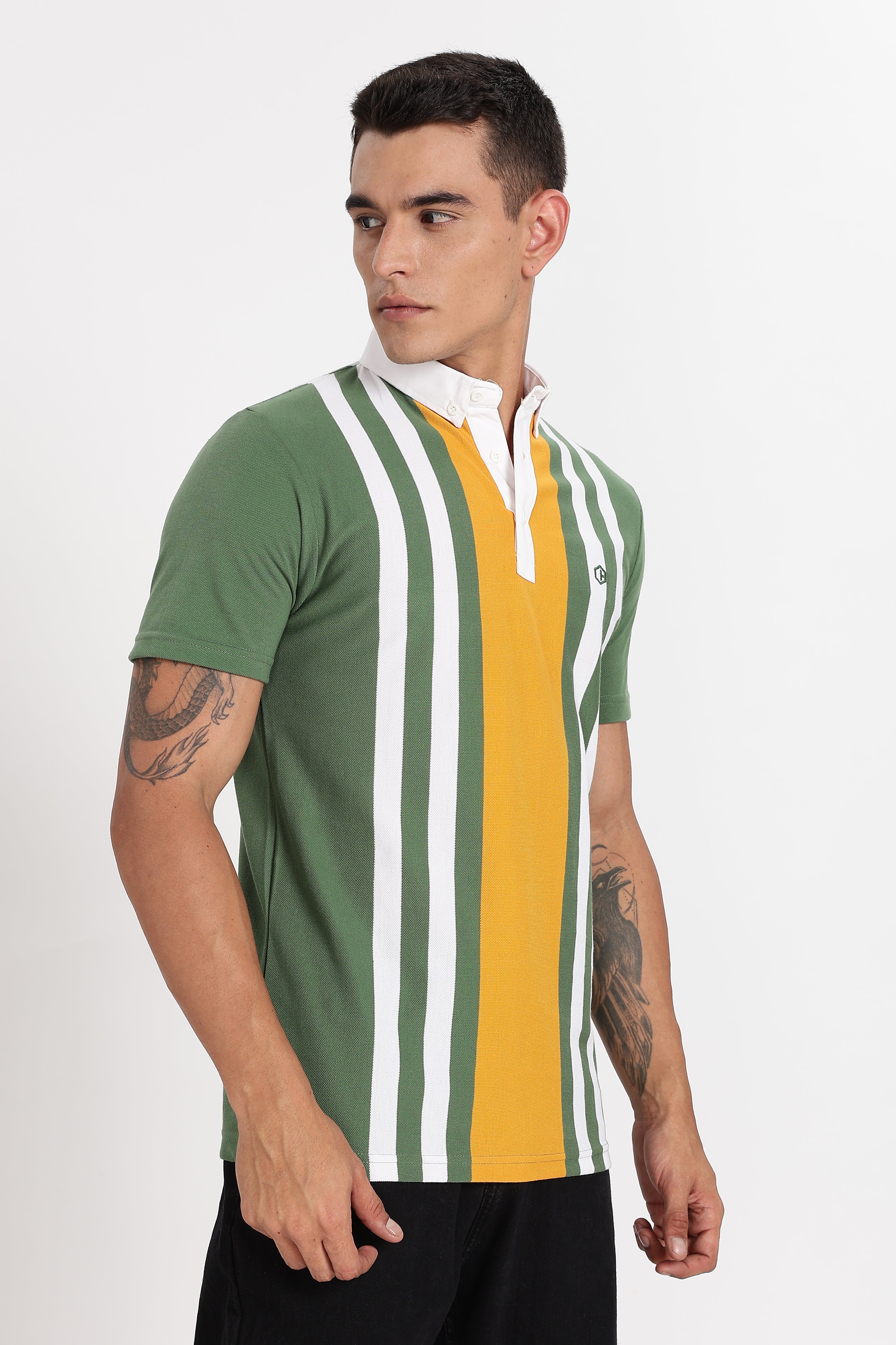 Color Hunt Men's Orange Striped Slim Fit Polo T-Shirt