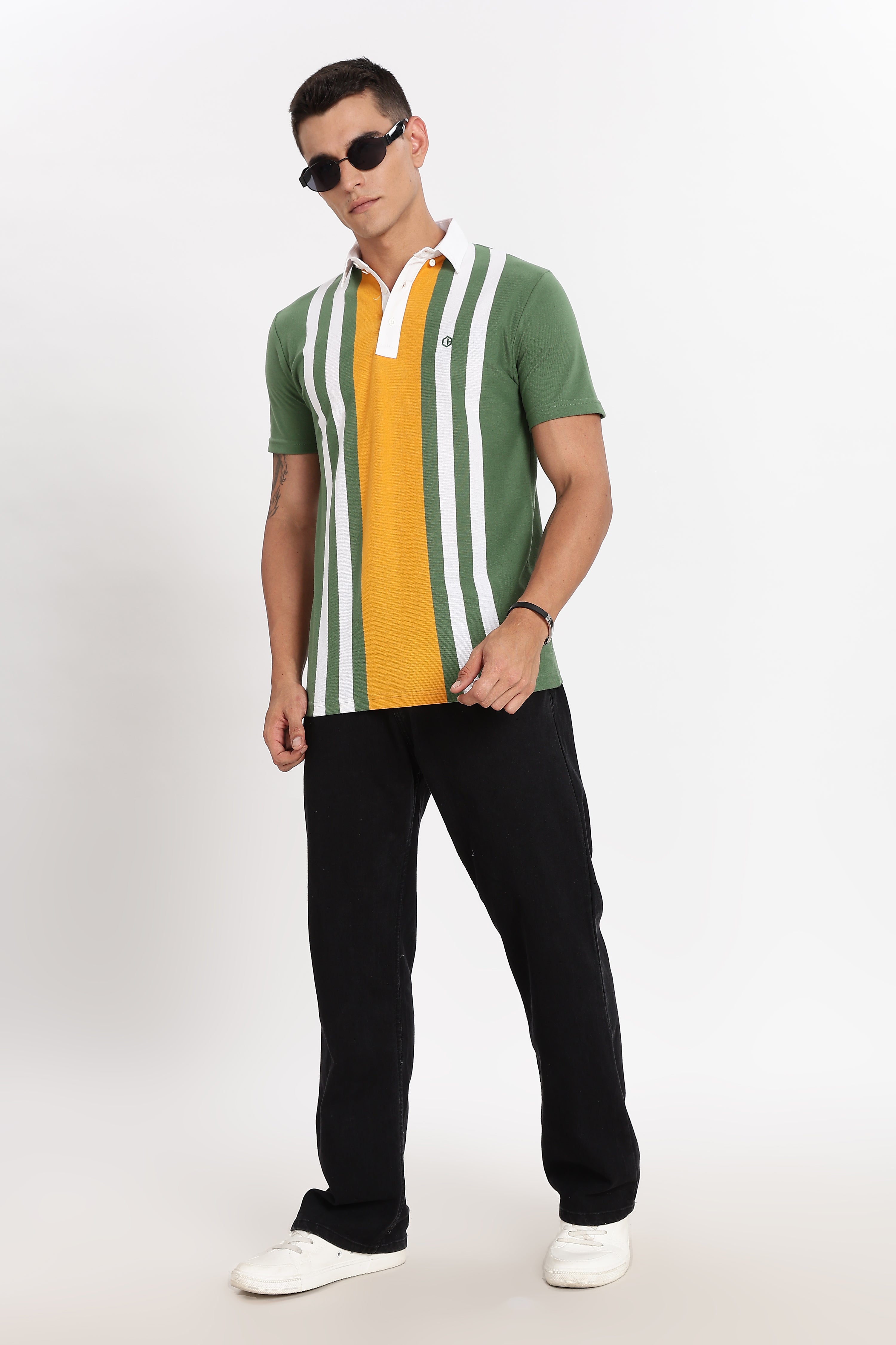 Color Hunt Men's Orange Striped Slim Fit Polo T-Shirt