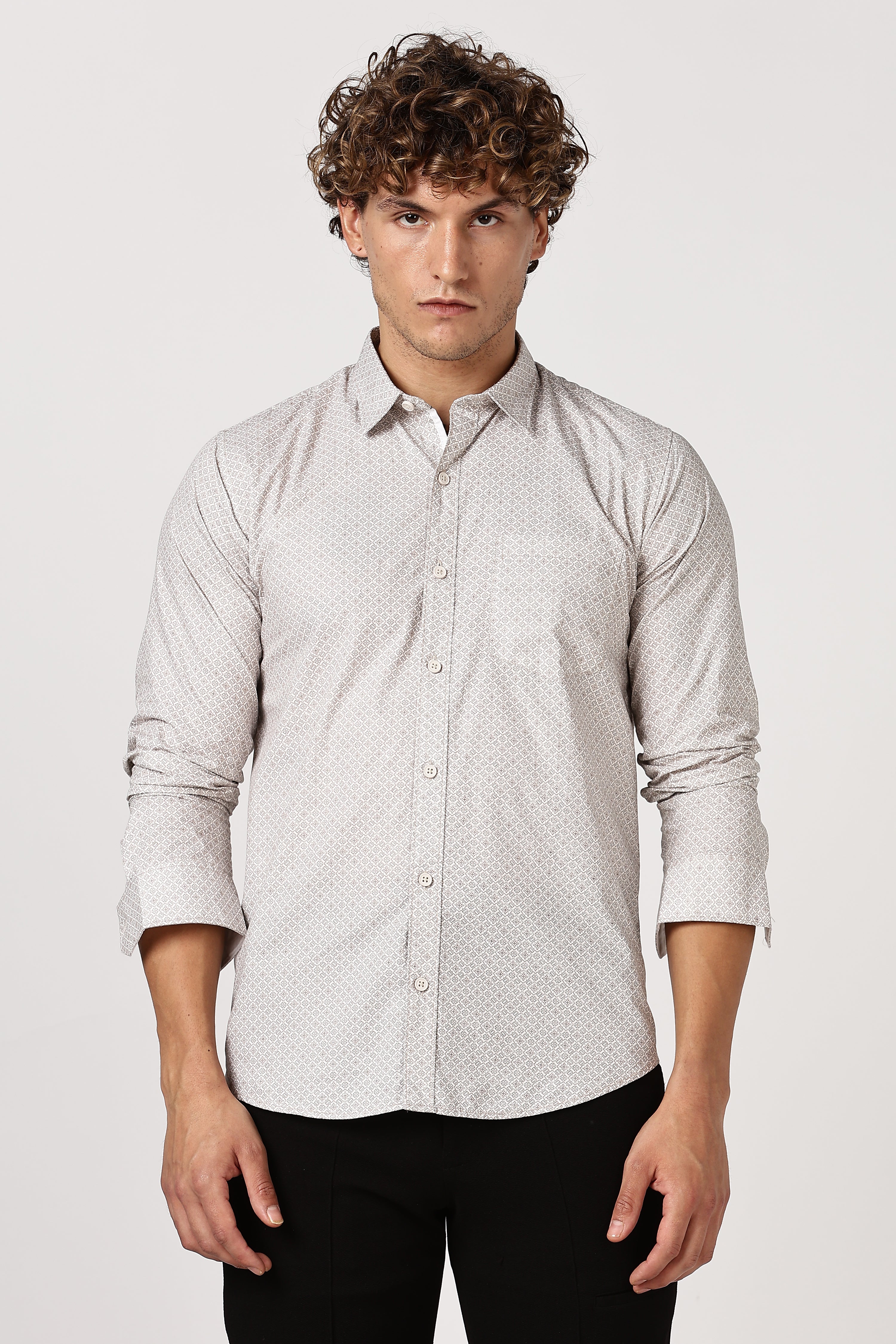 Color Hunt Men's White & Brown Full Sleeve Printed Cotton Shirt