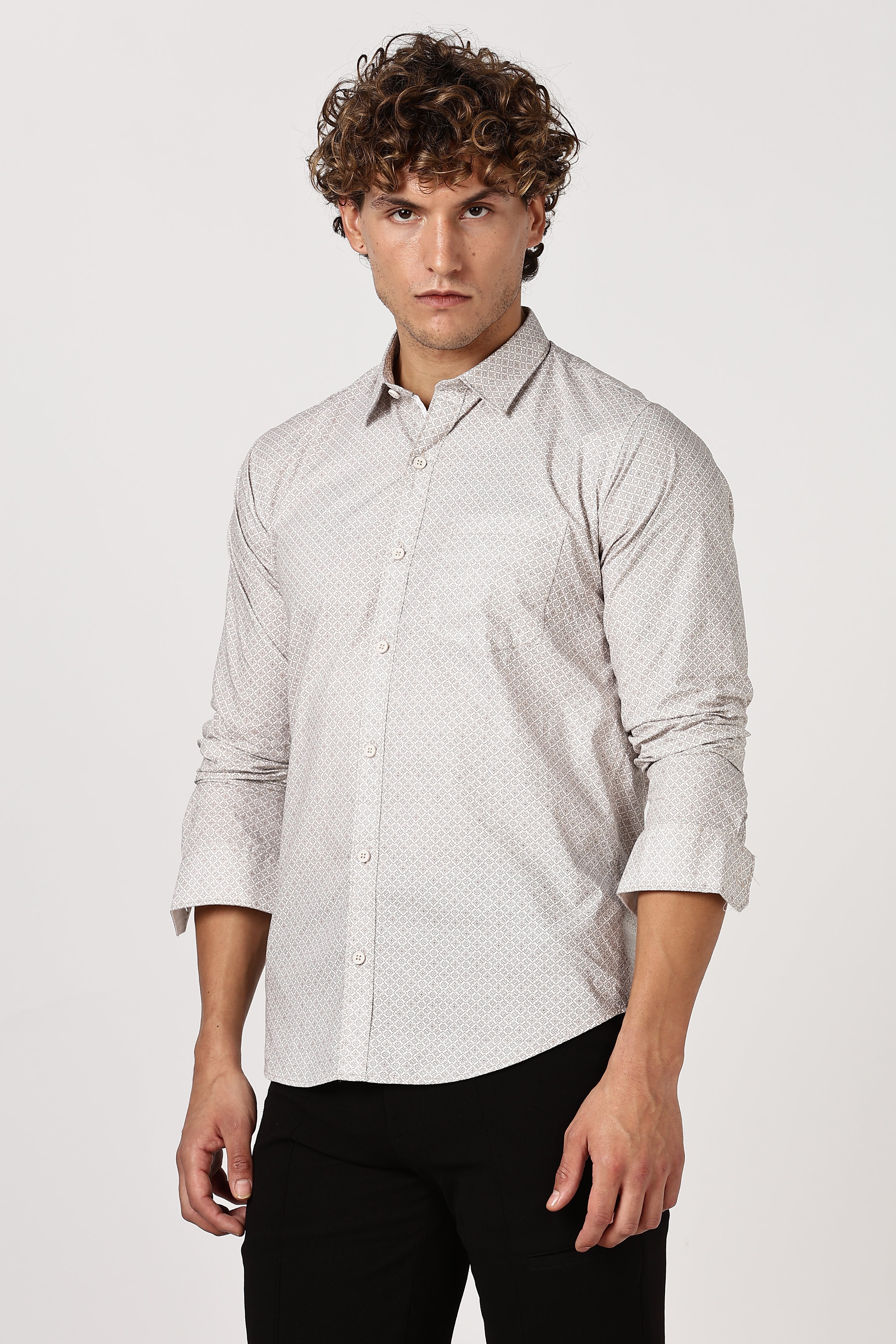 Color Hunt Men's White & Brown Full Sleeve Printed Cotton Shirt