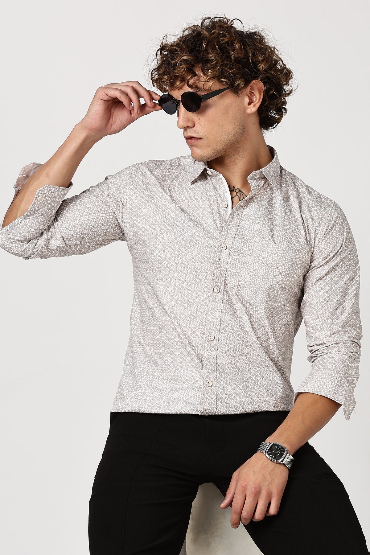 Color Hunt Men's White & Brown Full Sleeve Printed Cotton Shirt