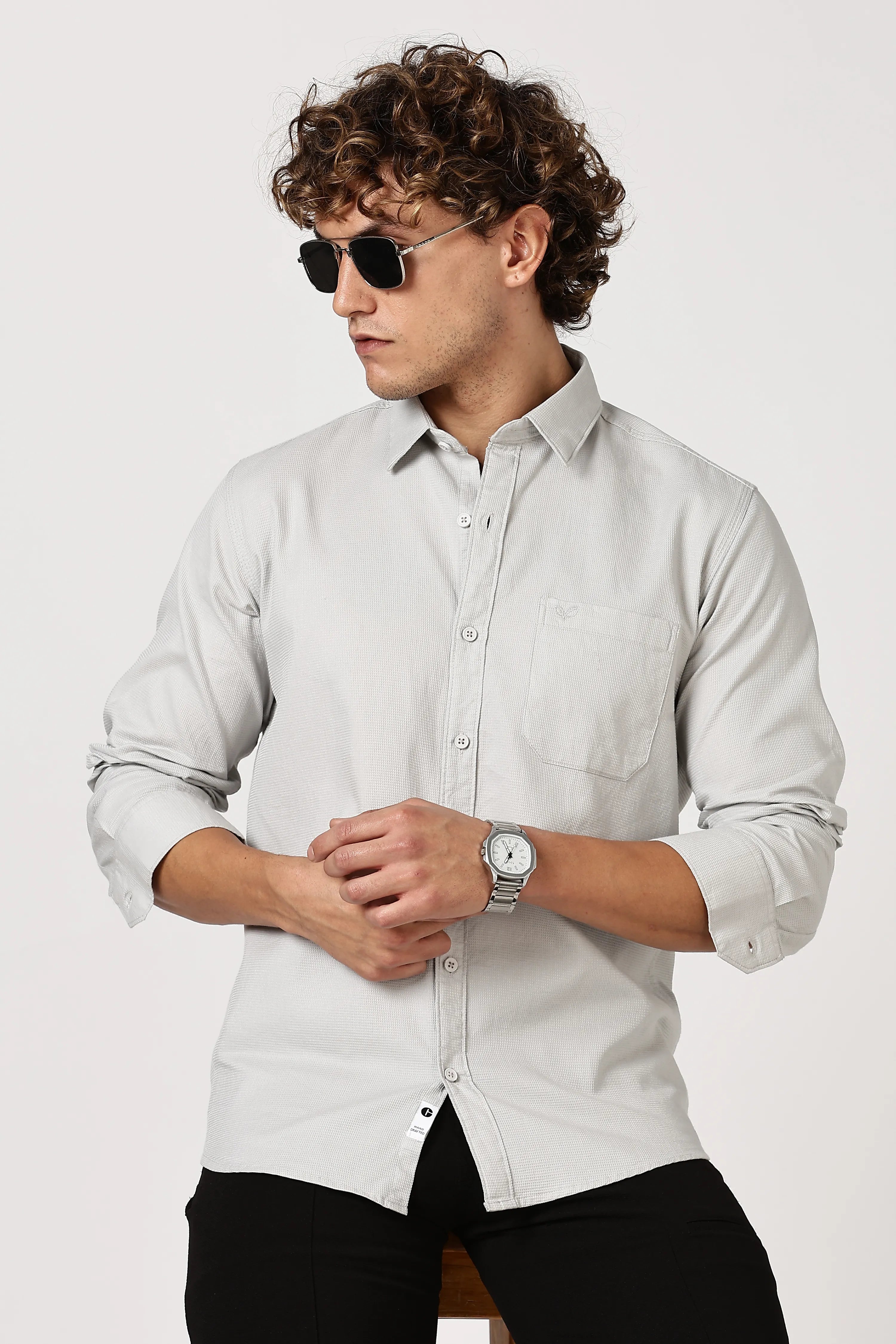 Light Grey Full Sleeve Cotton Shirt for Men - Color Hunt