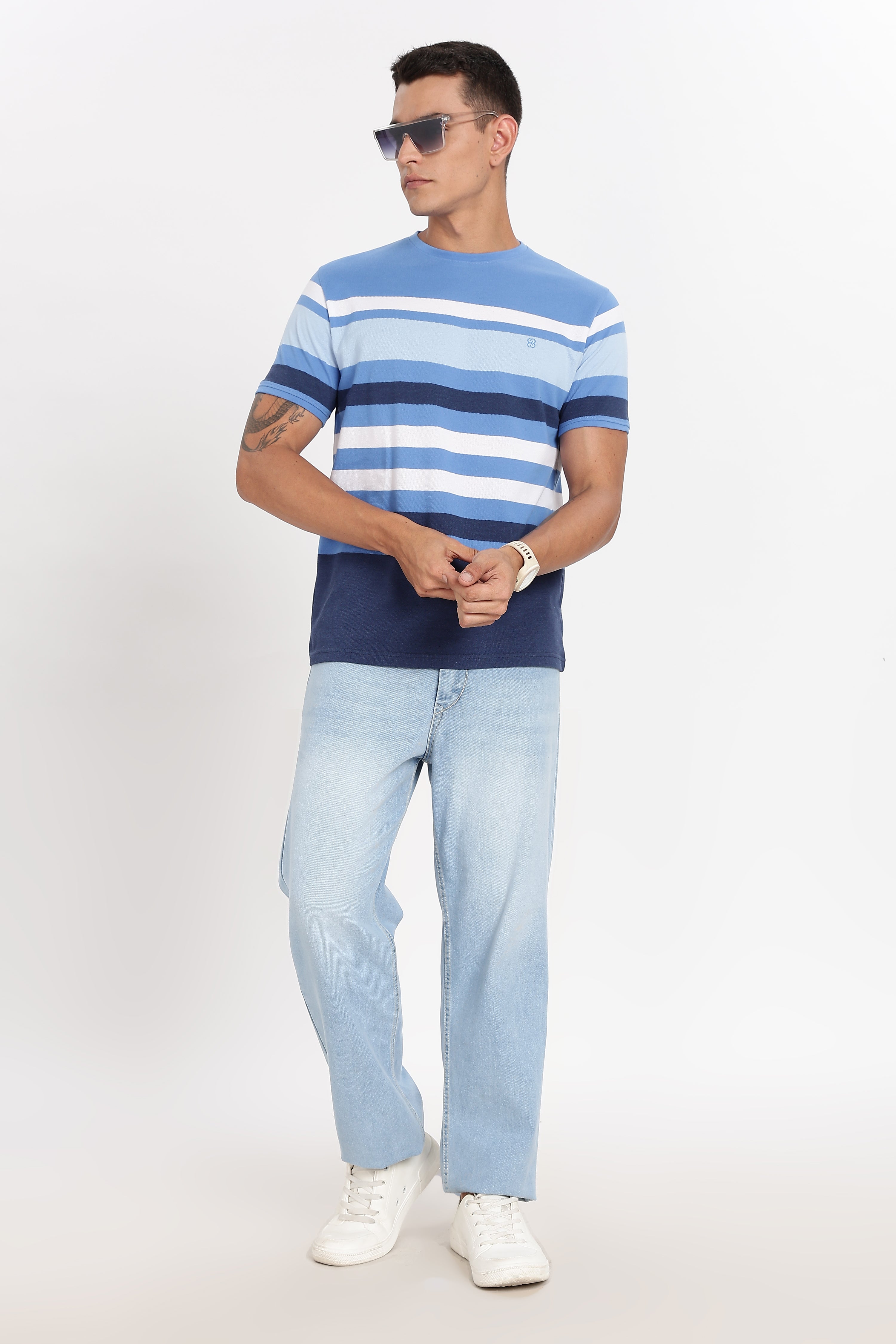 Color Hunt Men's Blue Striper Slim Fit Half Sleeve T-Shirt