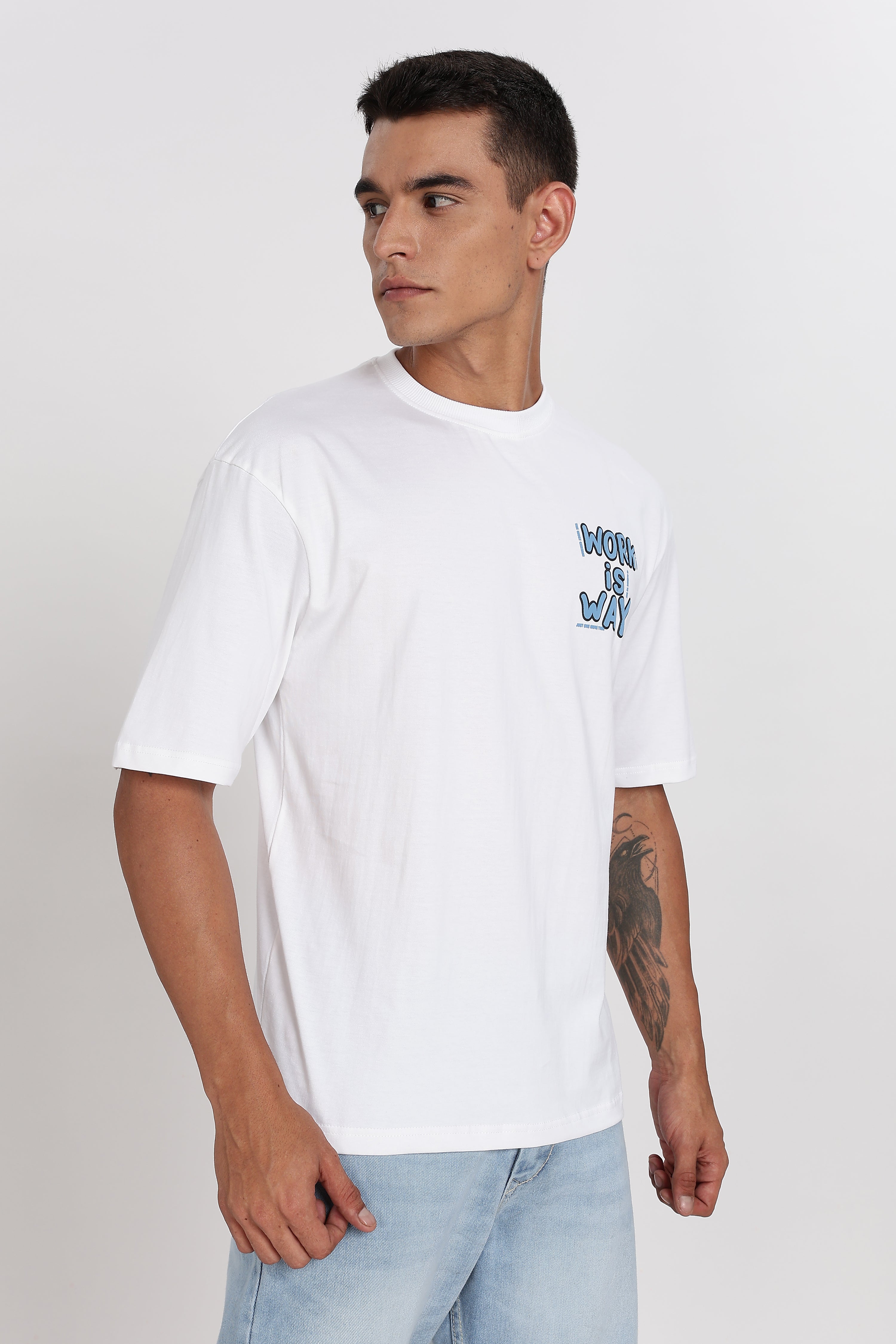 Color Hunt Men's White Printed Oversize Slim Fit T-Shirt