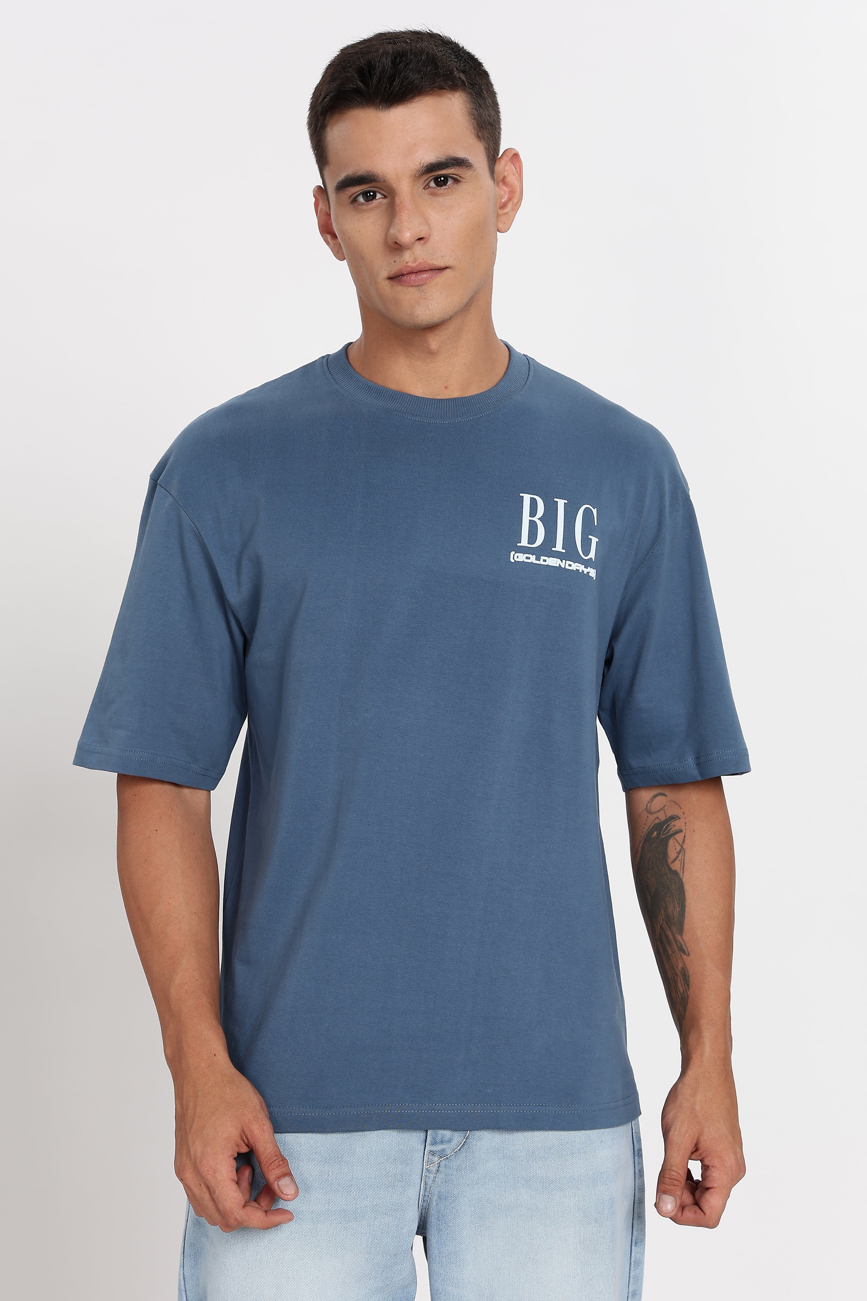 Color Hunt Men's Blue Oversize Printed T-Shirt, Pure Cotton, Slim Fit