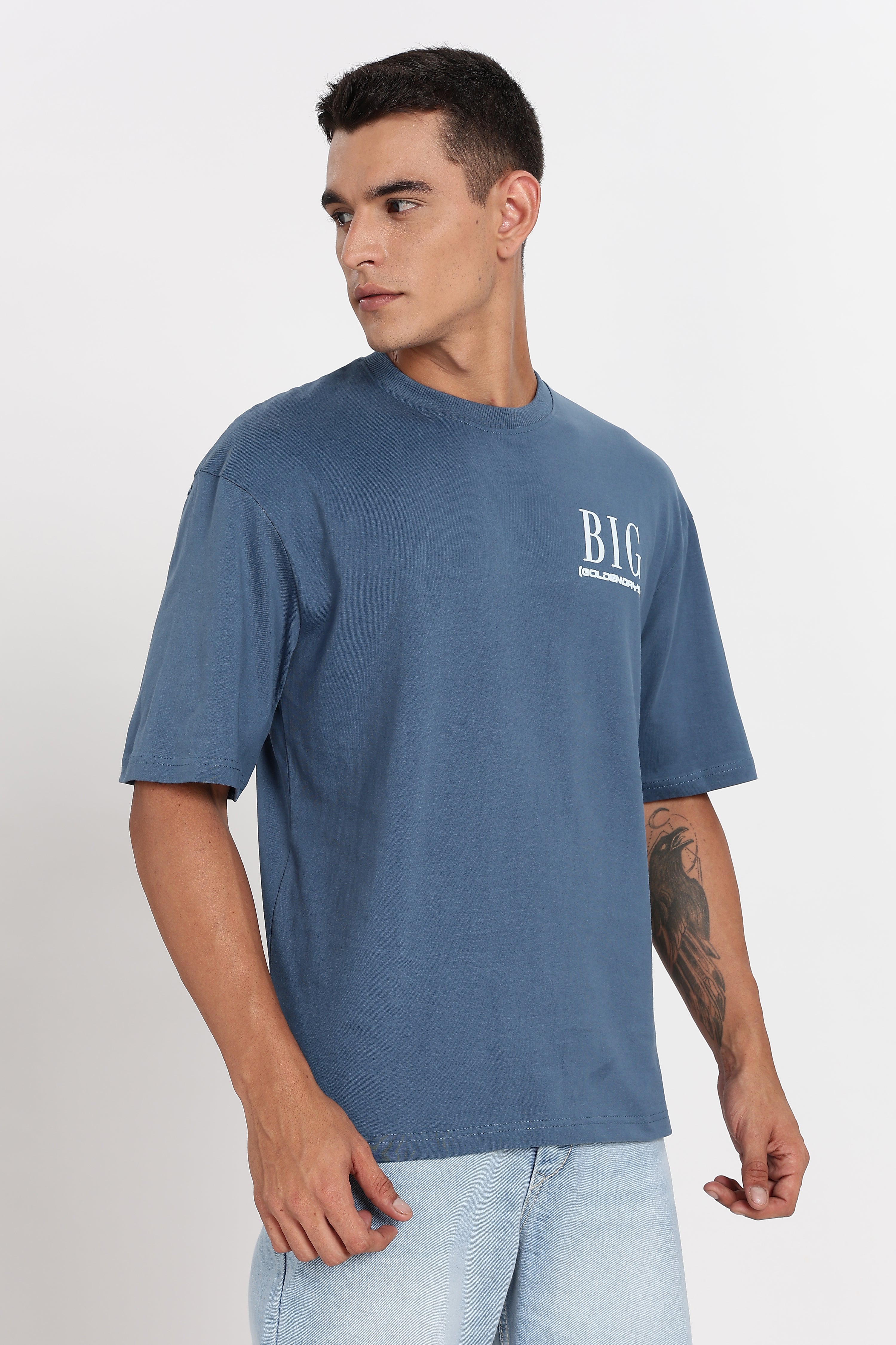 Color Hunt Men's Blue Oversize Printed T-Shirt, Pure Cotton, Slim Fit