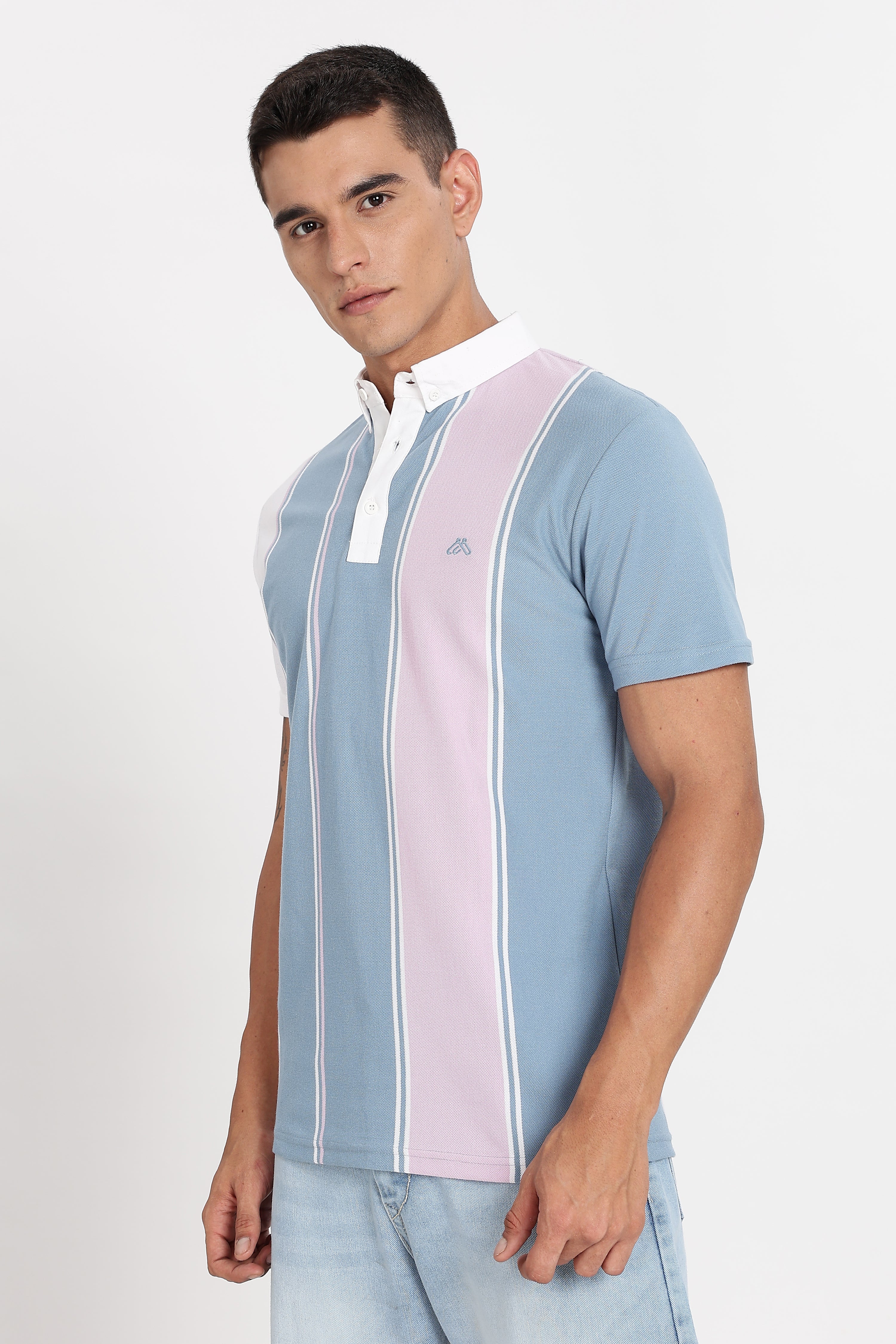 Color Hunt Men's Sky Blue Striped Slim Fit Polo Tshirt