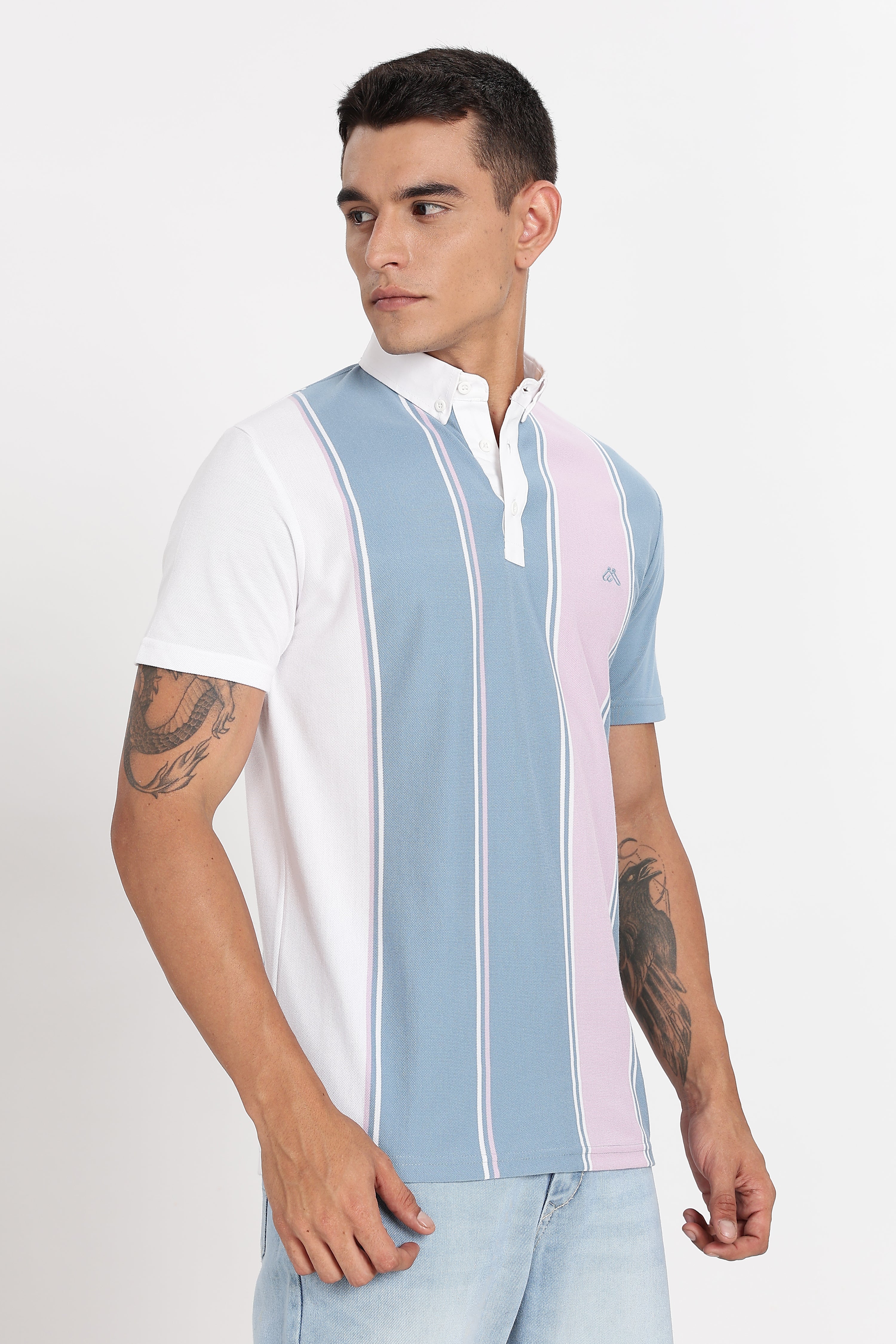 Color Hunt Men's Sky Blue Striped Slim Fit Polo Tshirt