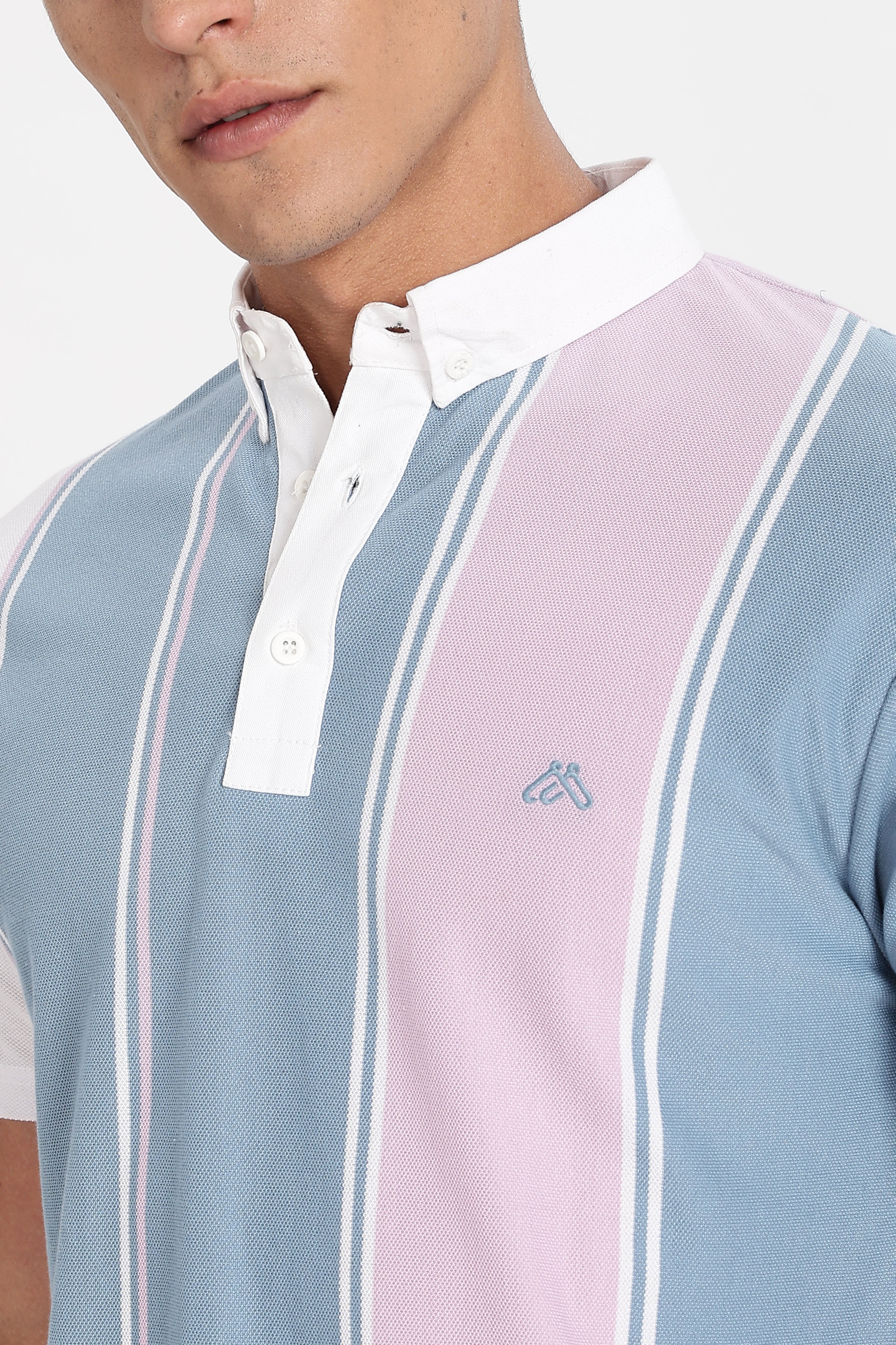 Color Hunt Men's Sky Blue Striped Slim Fit Polo Tshirt