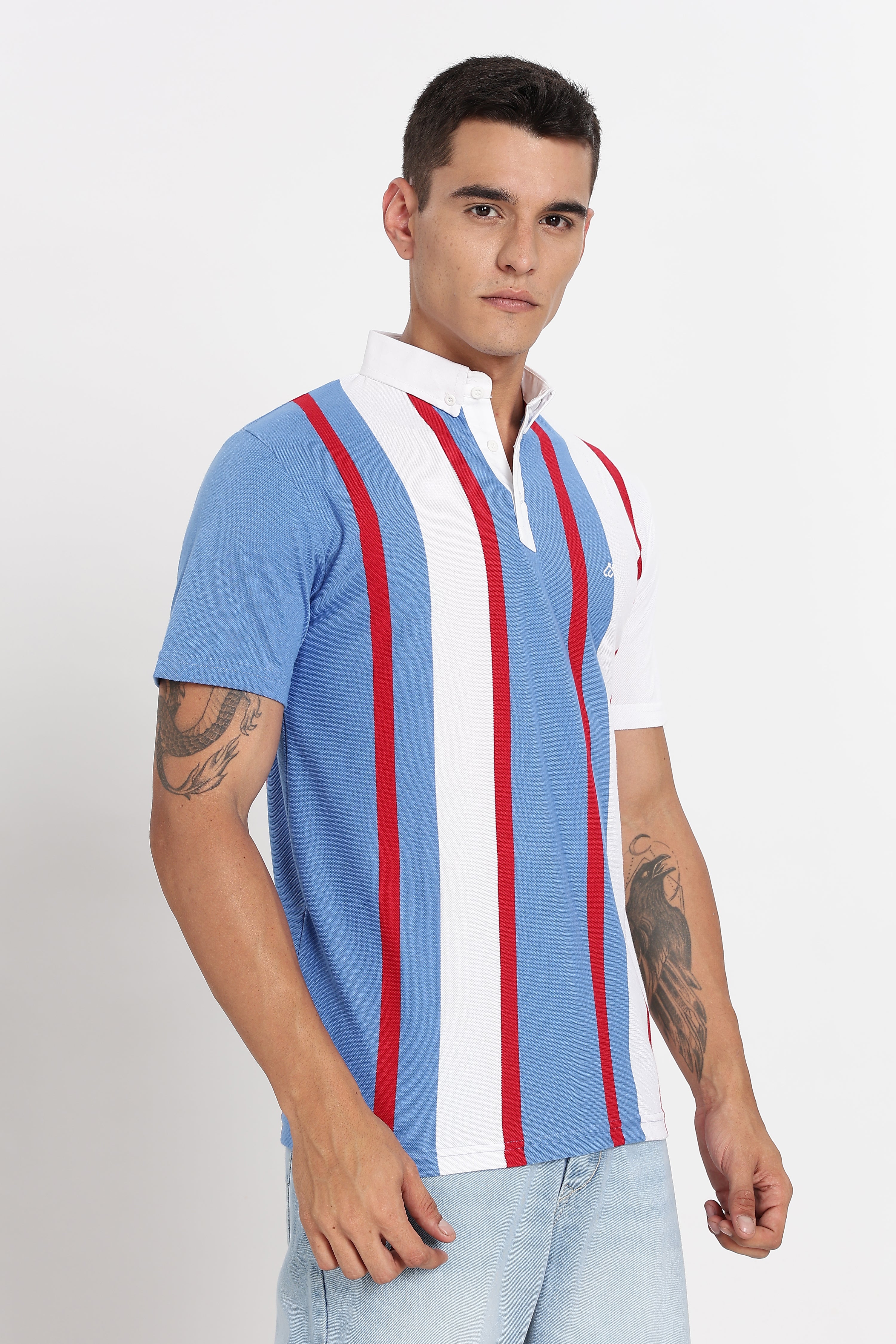 Color Hunt Men's Blue Striped Slim Fit Polo T-Shirt