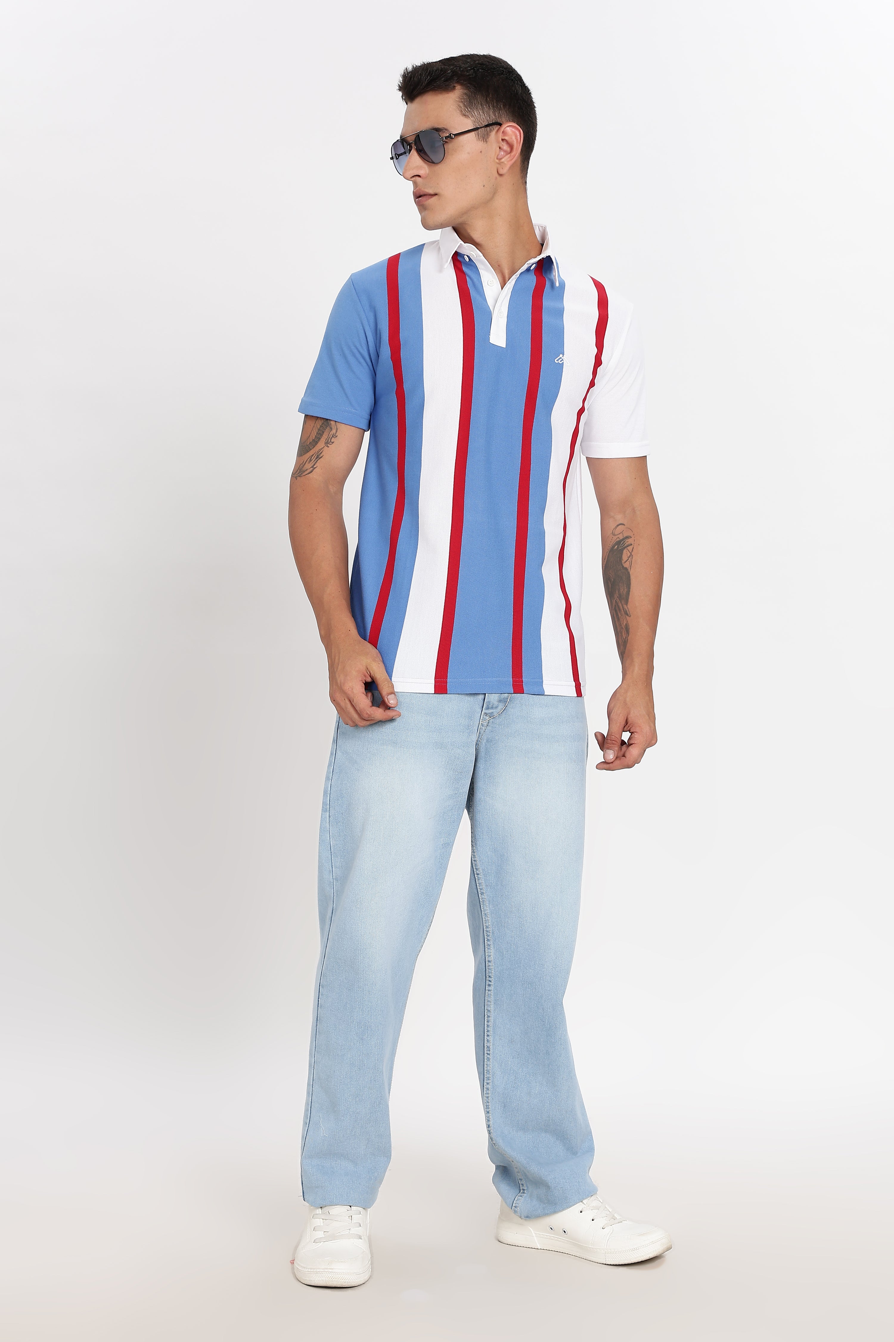 Color Hunt Men's Blue Striped Slim Fit Polo T-Shirt