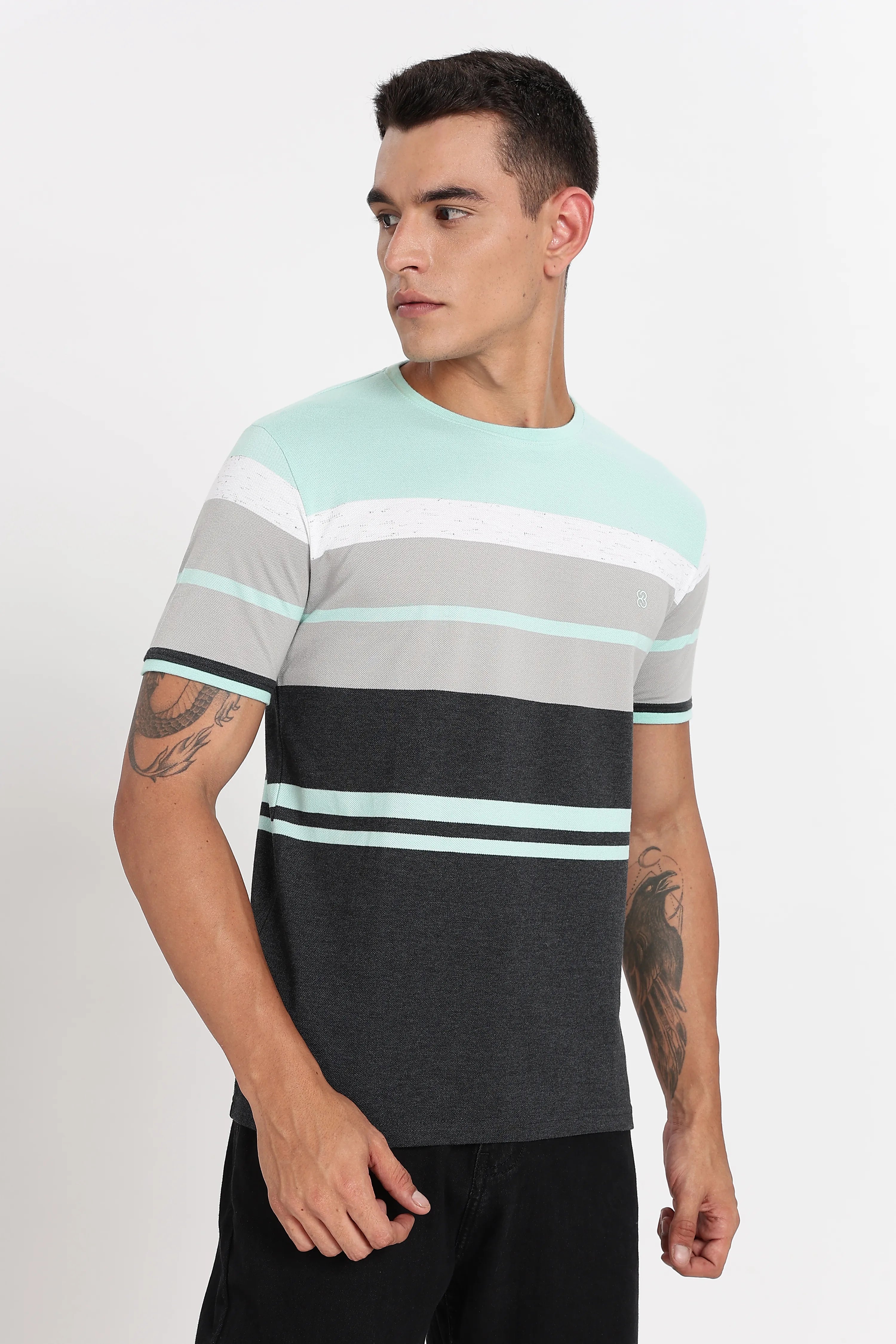 Color Hunt Men's Mint & Grey Striped Slim Fit T-Shirt
