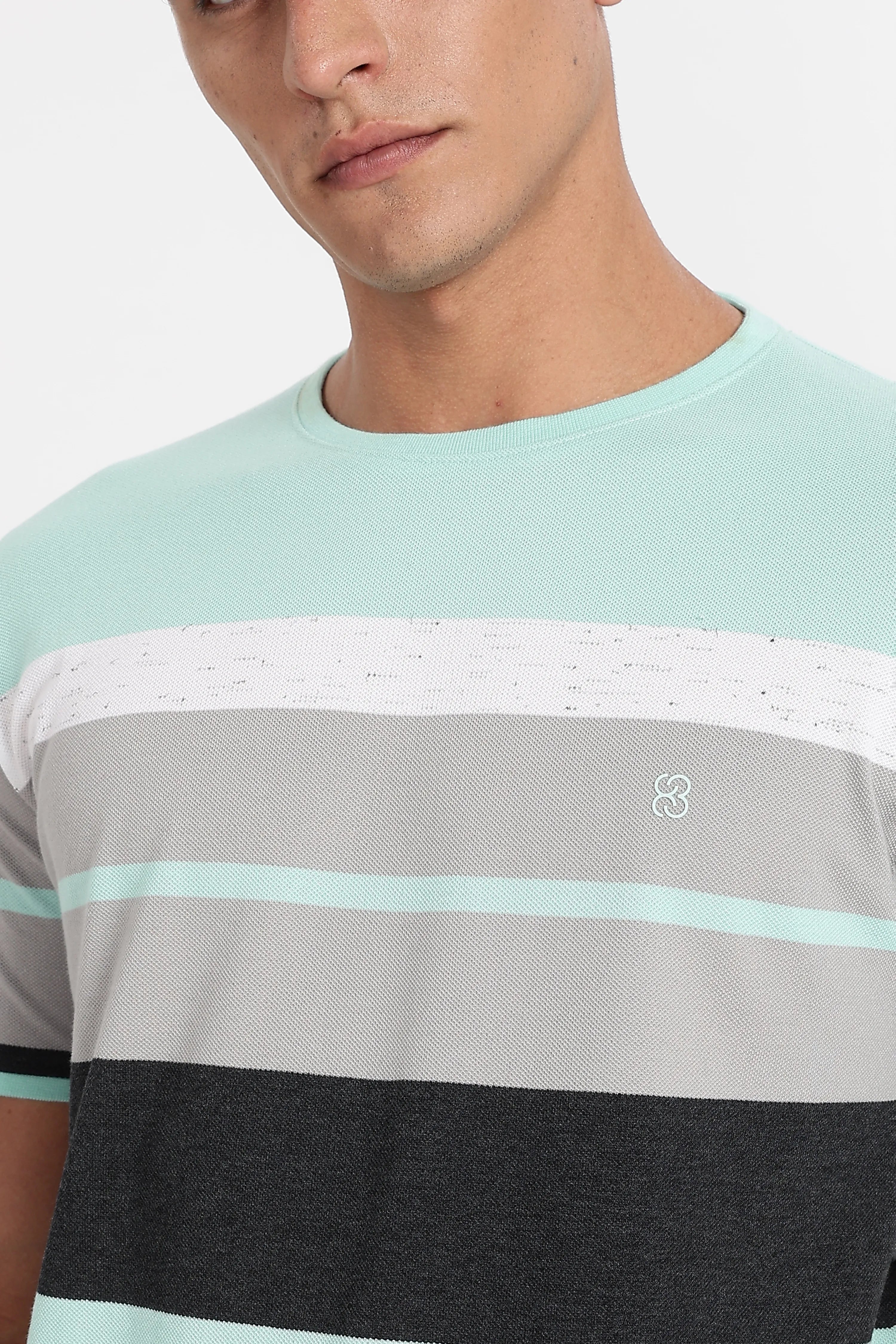 Color Hunt Men's Mint & Grey Striped Slim Fit T-Shirt