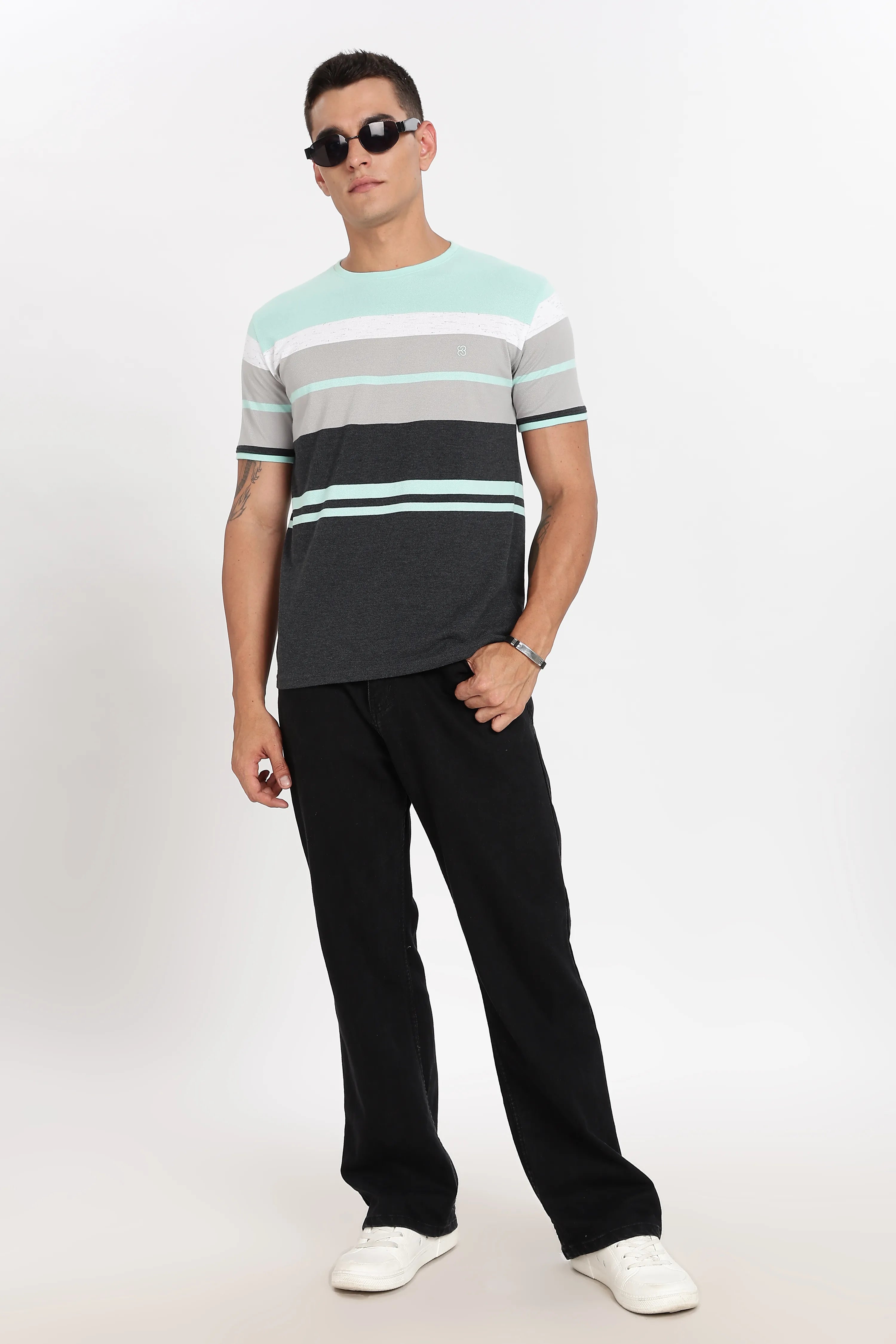 Color Hunt Men's Mint & Grey Striped Slim Fit T-Shirt