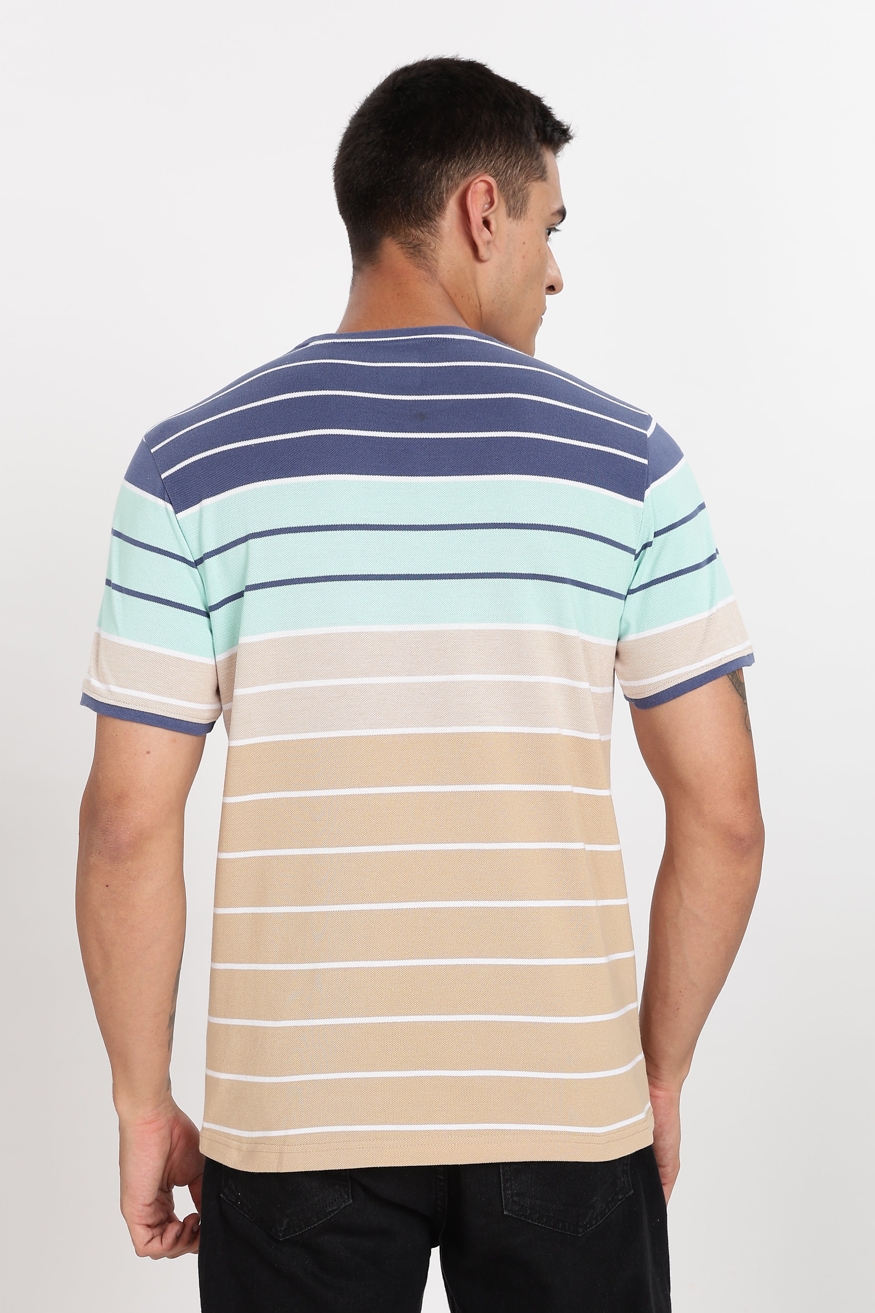 Color Hunt Men's Navy:Beige Striper Poly Cotton Slim Fit T-Shirt