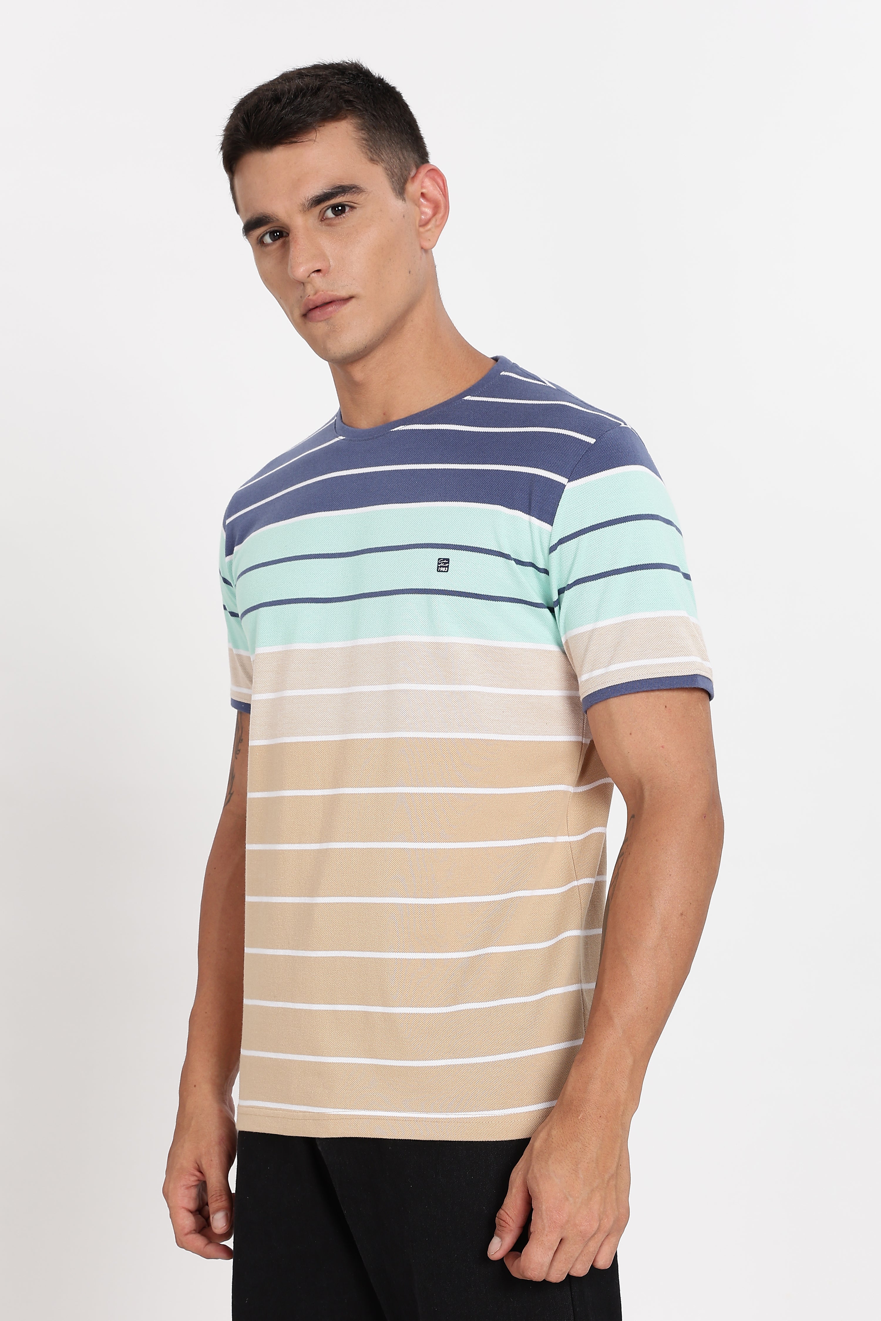 Color Hunt Men's Navy:Beige Striper Poly Cotton Slim Fit T-Shirt