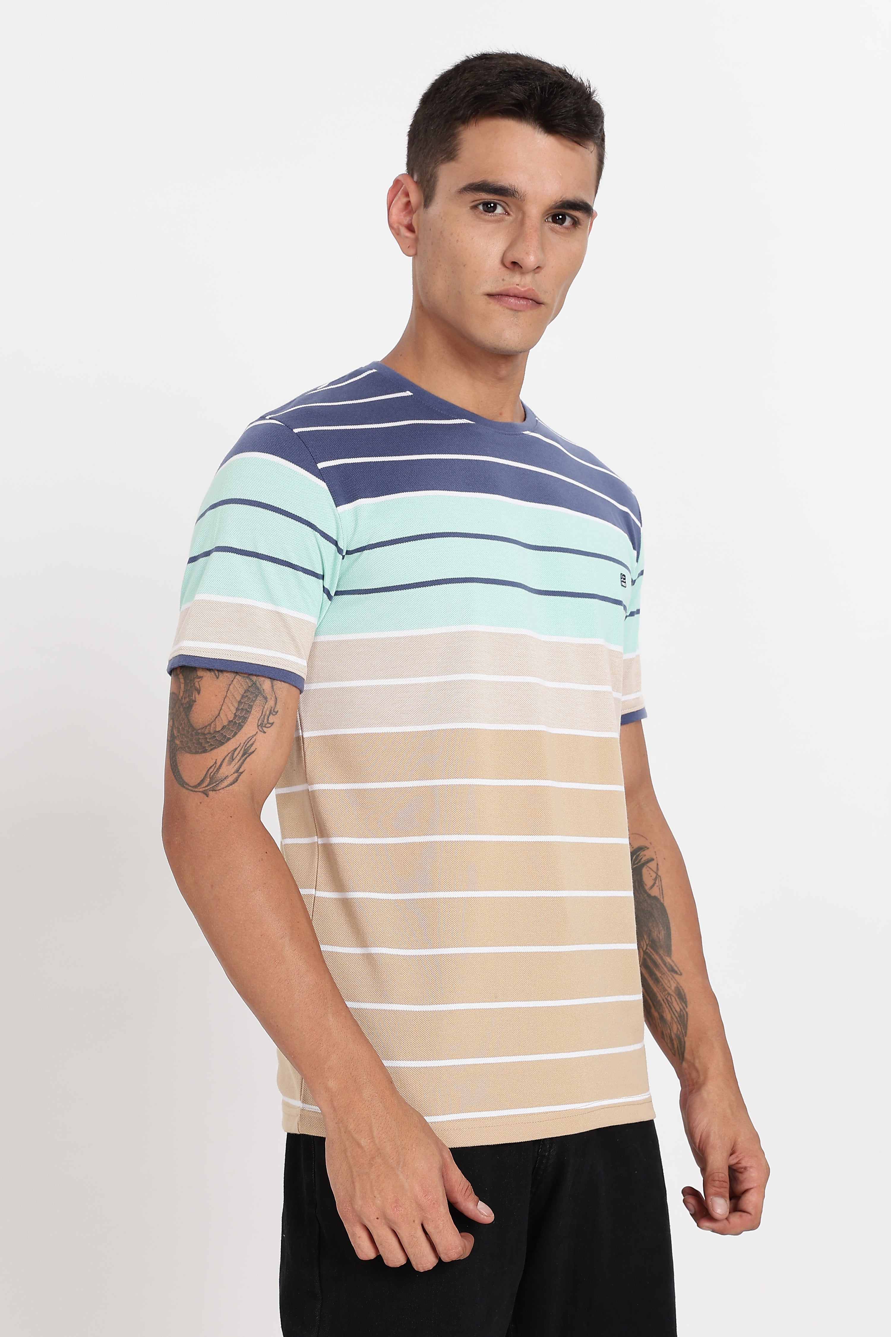 Color Hunt Men's Navy:Beige Striper Poly Cotton Slim Fit T-Shirt