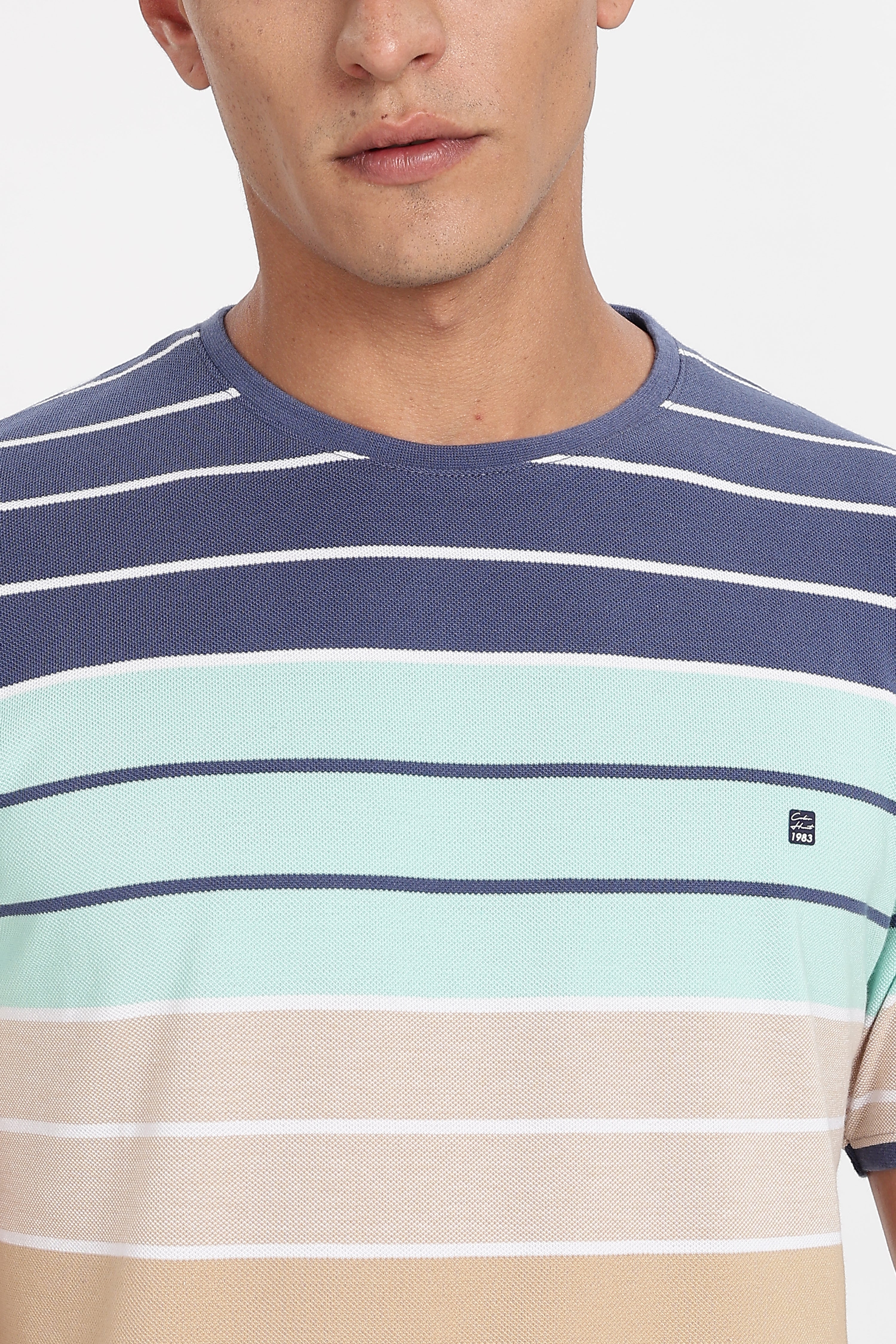Color Hunt Men's Navy:Beige Striper Poly Cotton Slim Fit T-Shirt