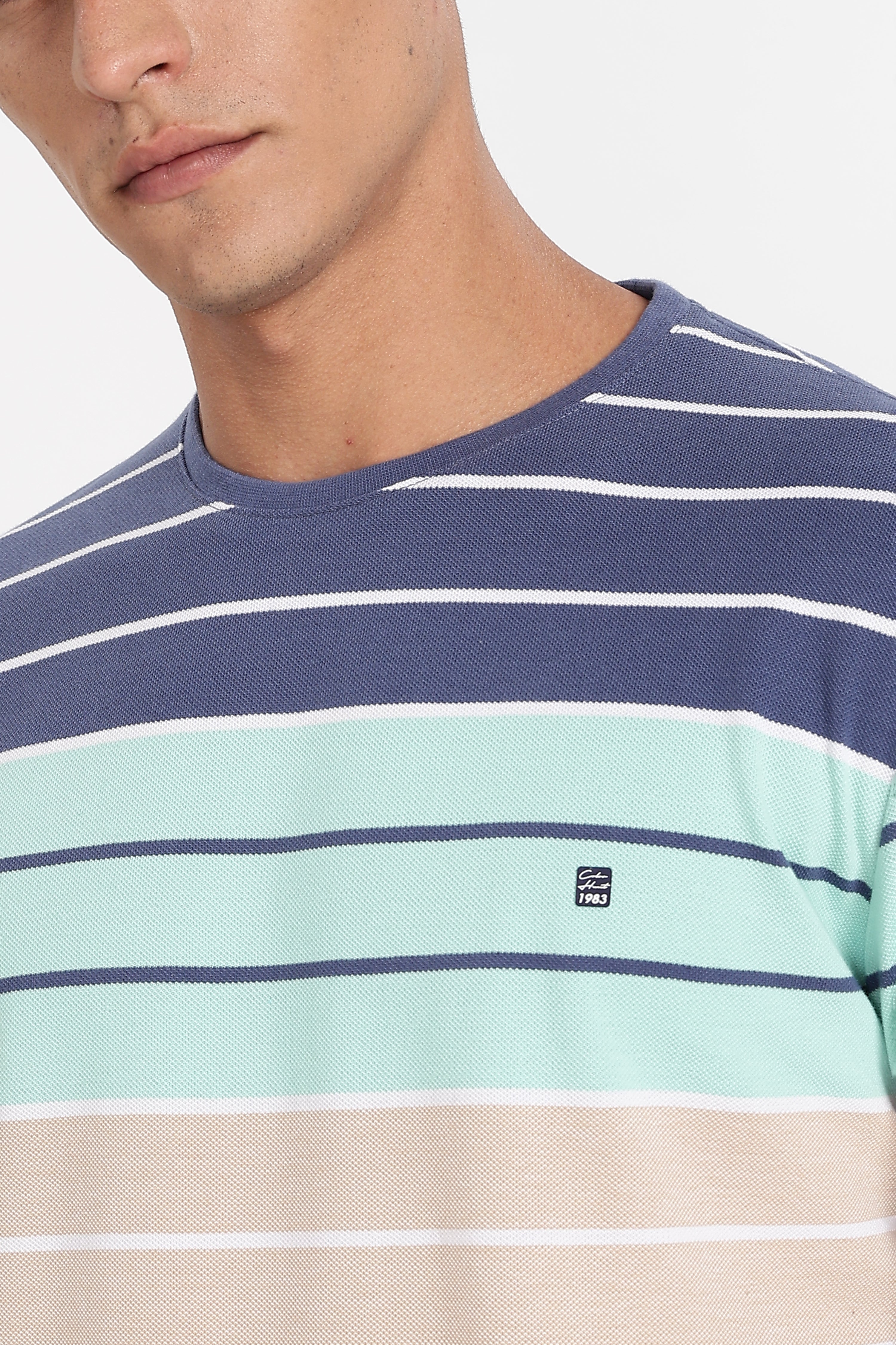 Color Hunt Men's Navy:Beige Striper Poly Cotton Slim Fit T-Shirt