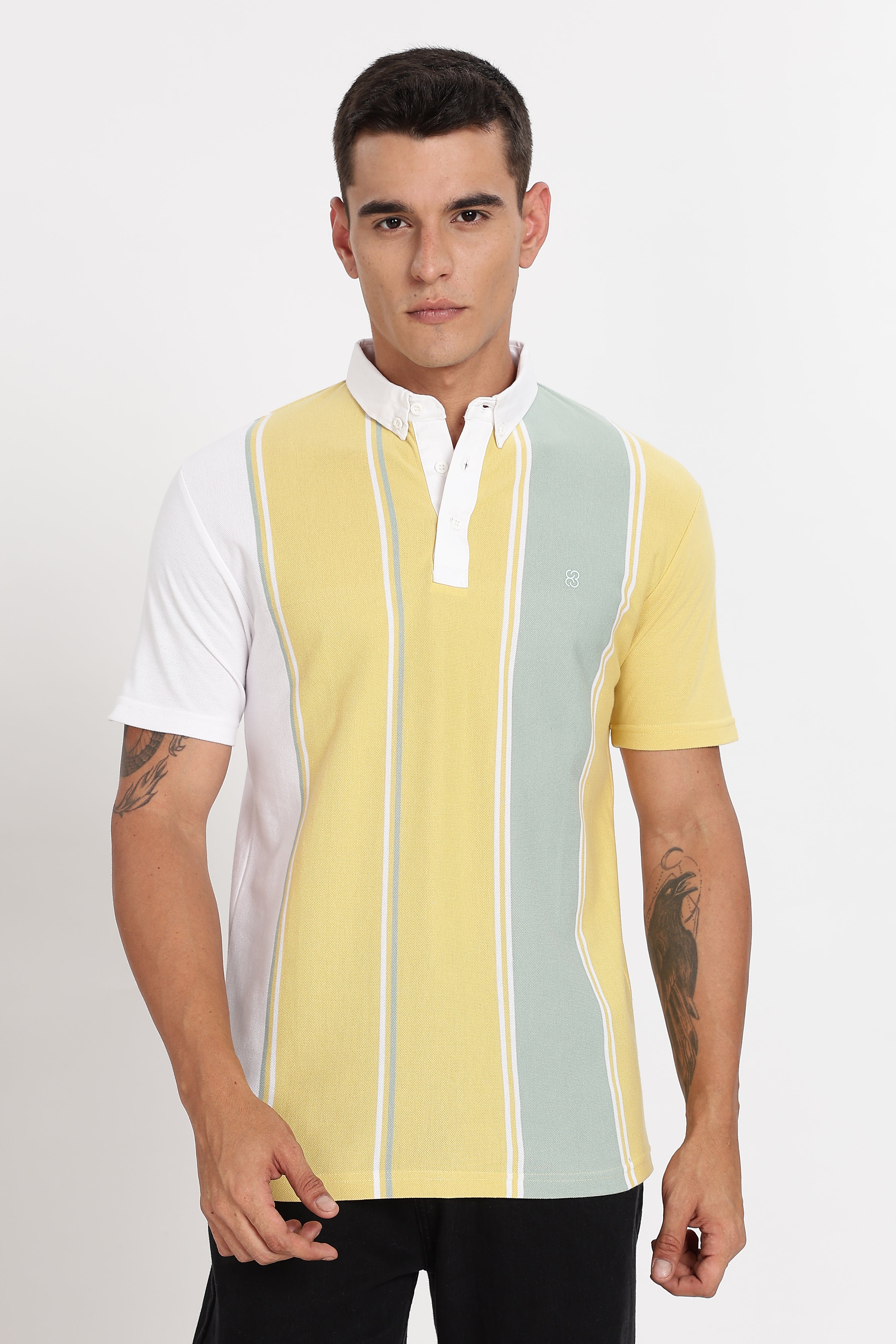 Color Hunt Men's Yellow Striped Slim Fit Polo T-Shirt