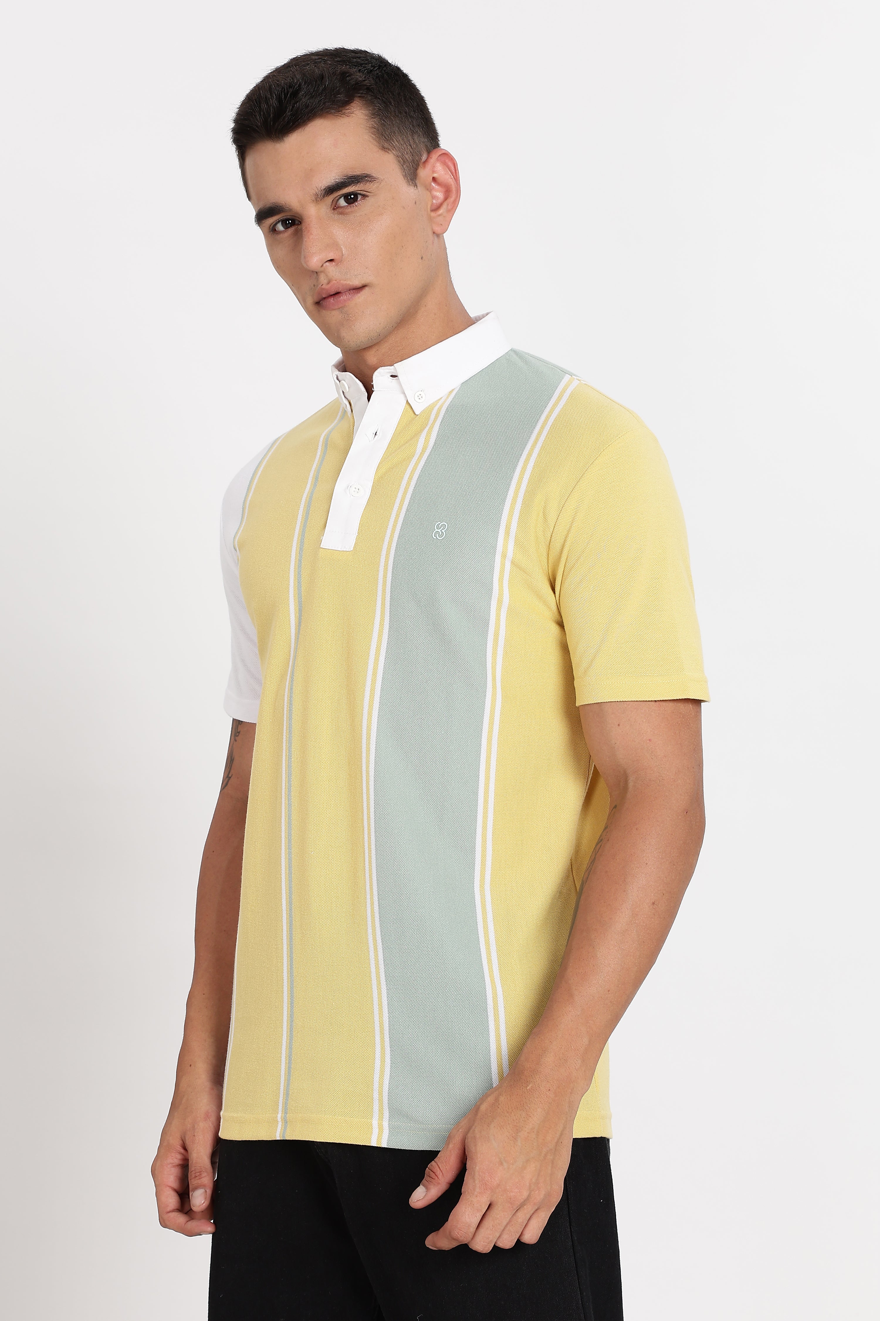 Color Hunt Men's Yellow Striped Slim Fit Polo T-Shirt